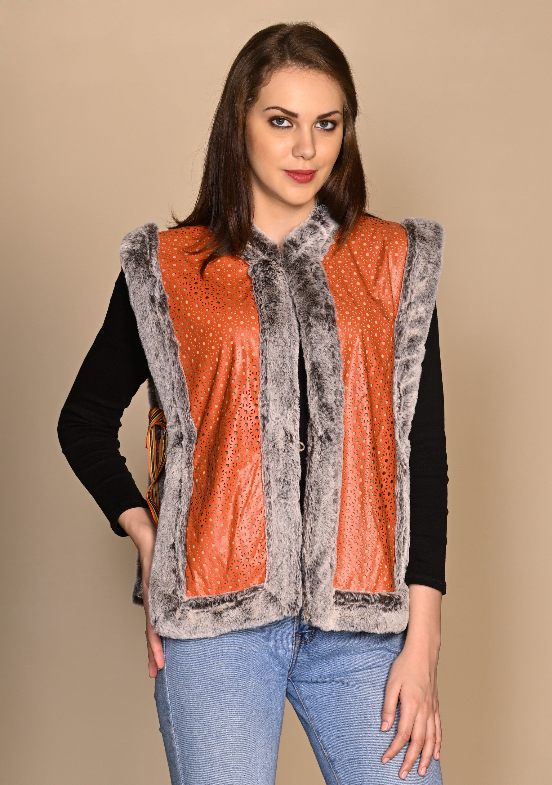 Orange Faux Leather & Taupe Melange Wool Sleeveless Jacket
Taupe Faux Fur