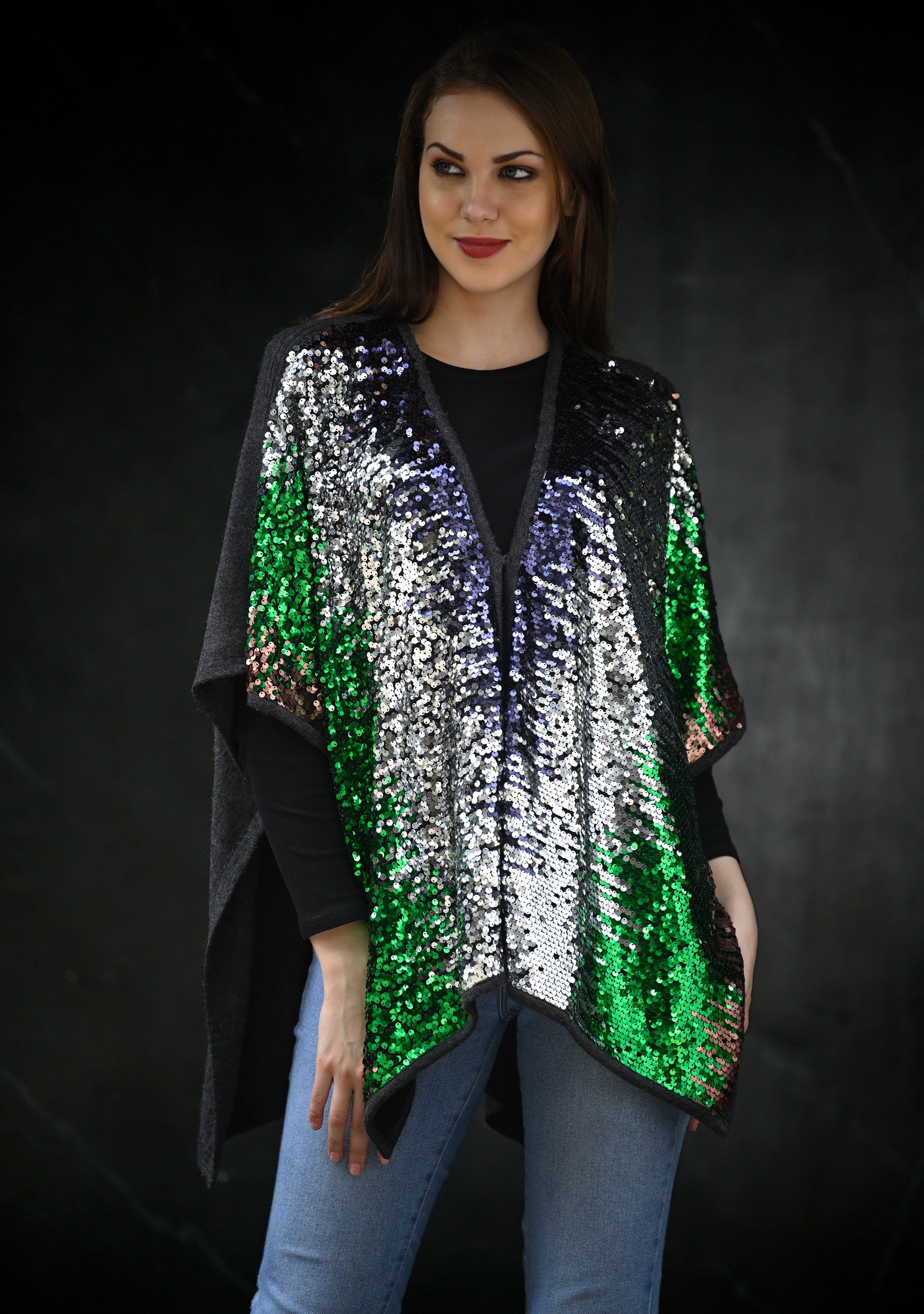 Multi-Colored Sequin & Charcoal Melange Wool Cape
