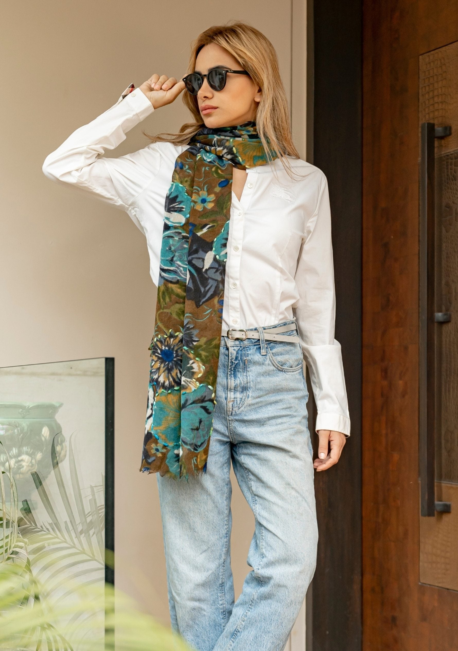 Khaki Wool Scarf 
Cluster Print & Multi-colored Embroidery