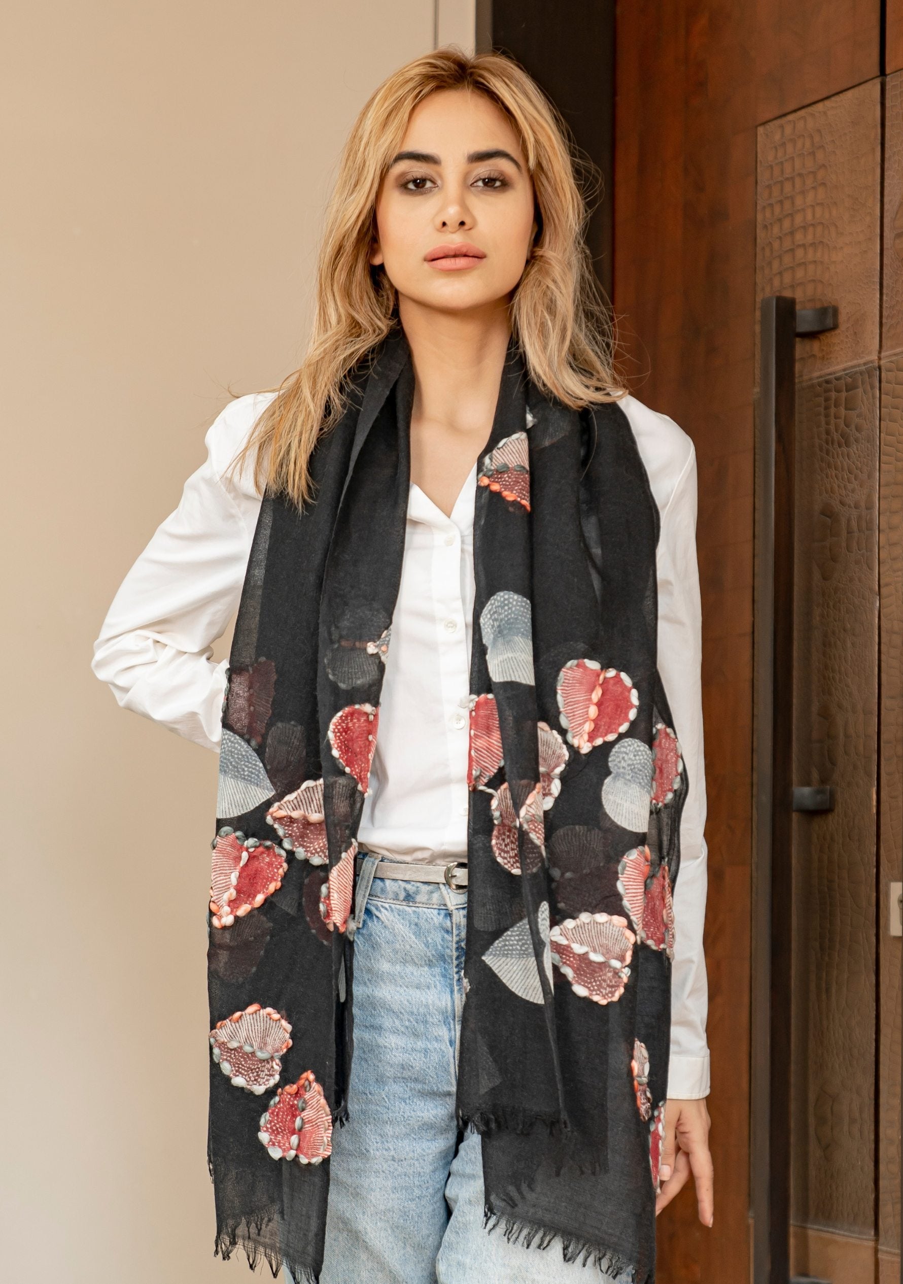 Black Wool Scarf 
Ficus Print & Multi-colored Embroidery