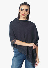 Petite Charcoal M̩lange Knitted Wool Poncho with Charcoal Floral Lace