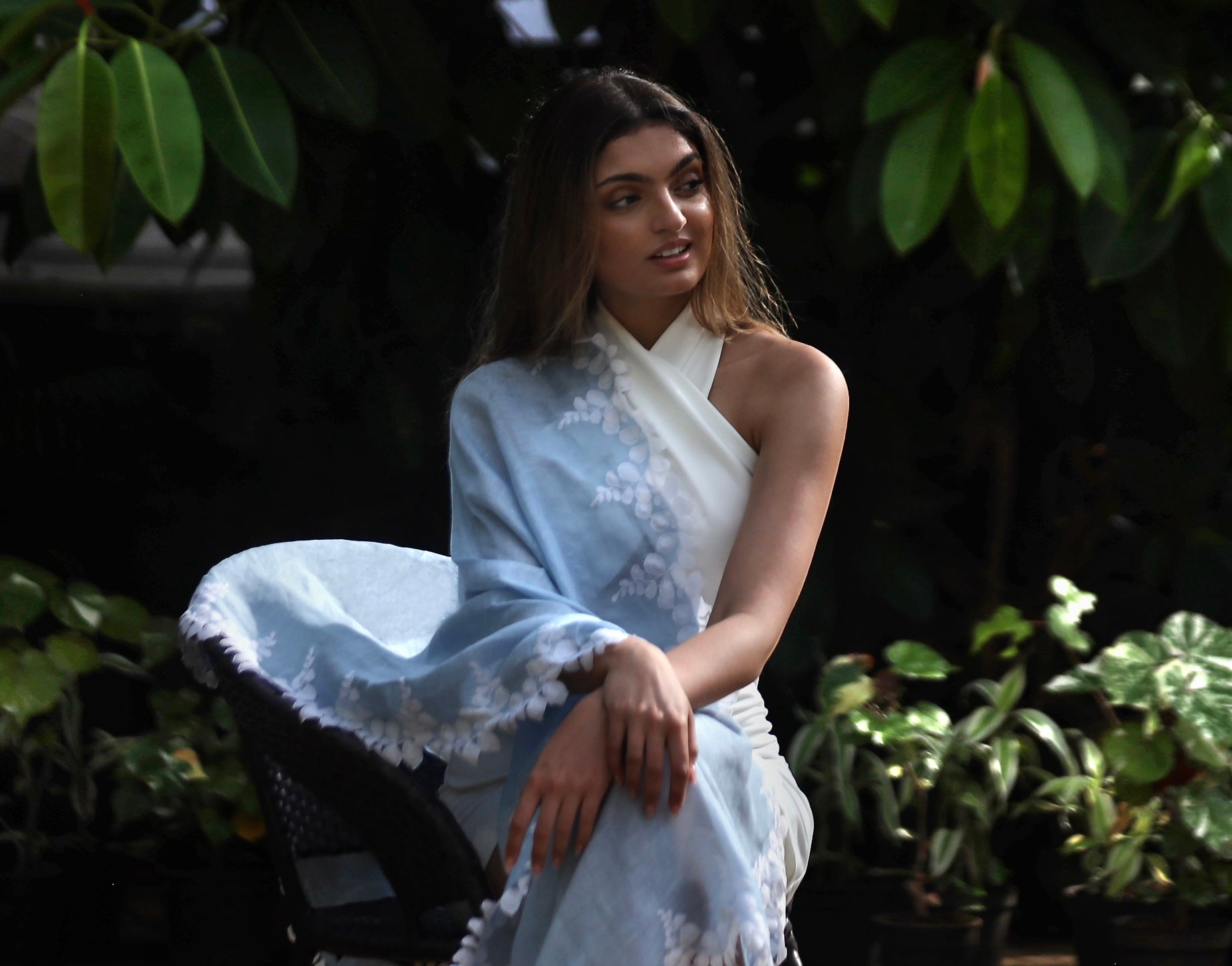 Powder Blue Linen and Modal Scarf with an Ivory Scalloped Lace Border