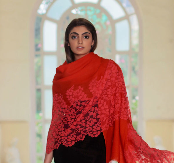 Red Cashmere Scarf With A Dk. Pink Bold Leaf Lace Panel