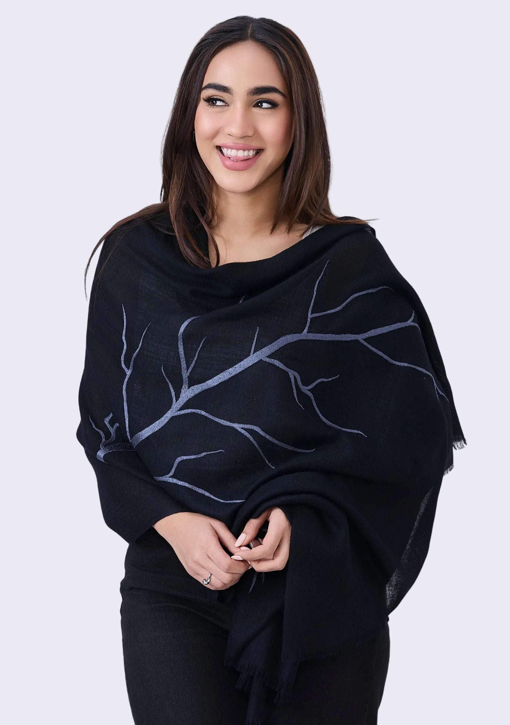 Black Cashmere ScarfSteel Gray Embroidery