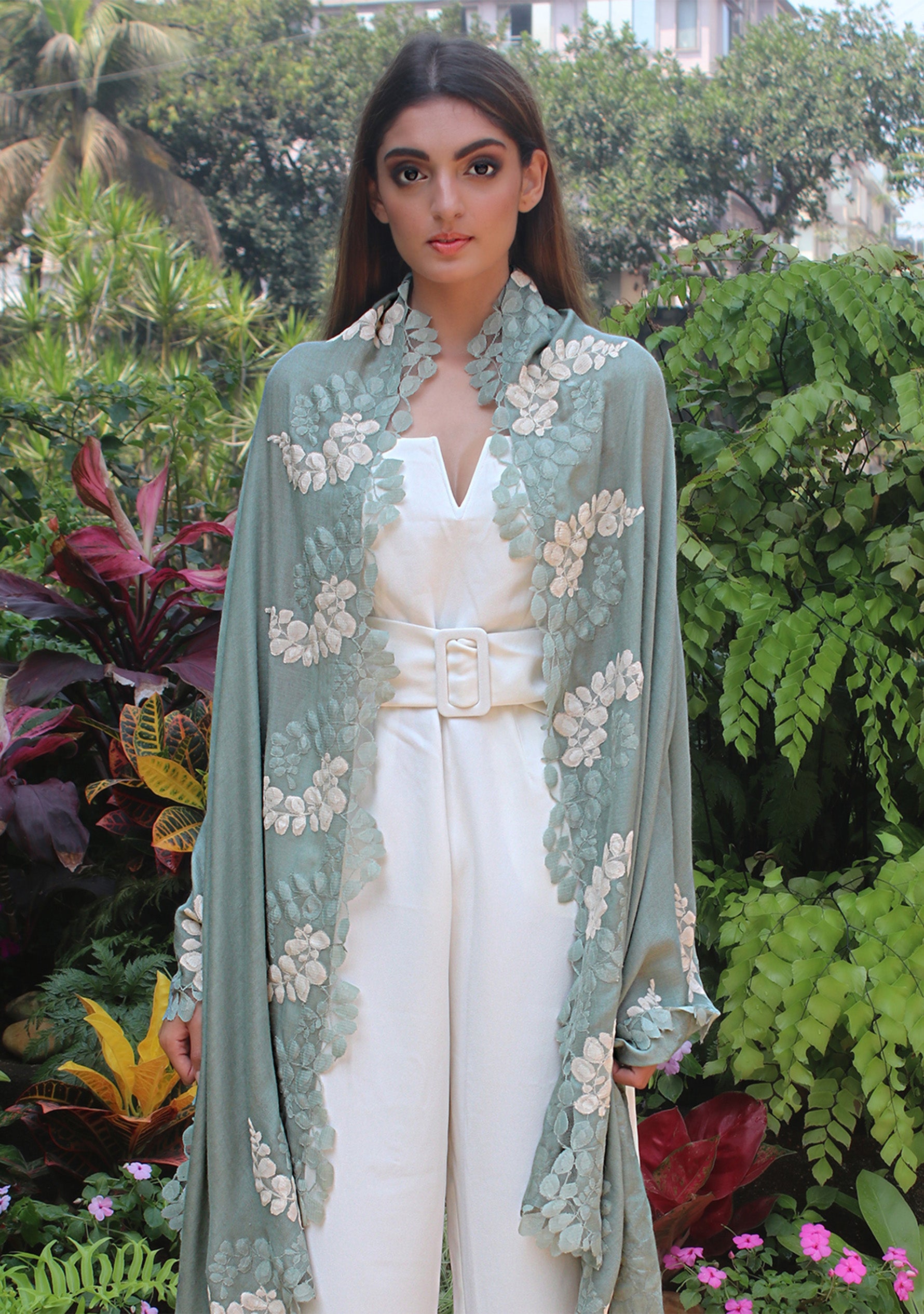 Sage Green Silk & Wool Scarf 
Sage Green & Beige Lace