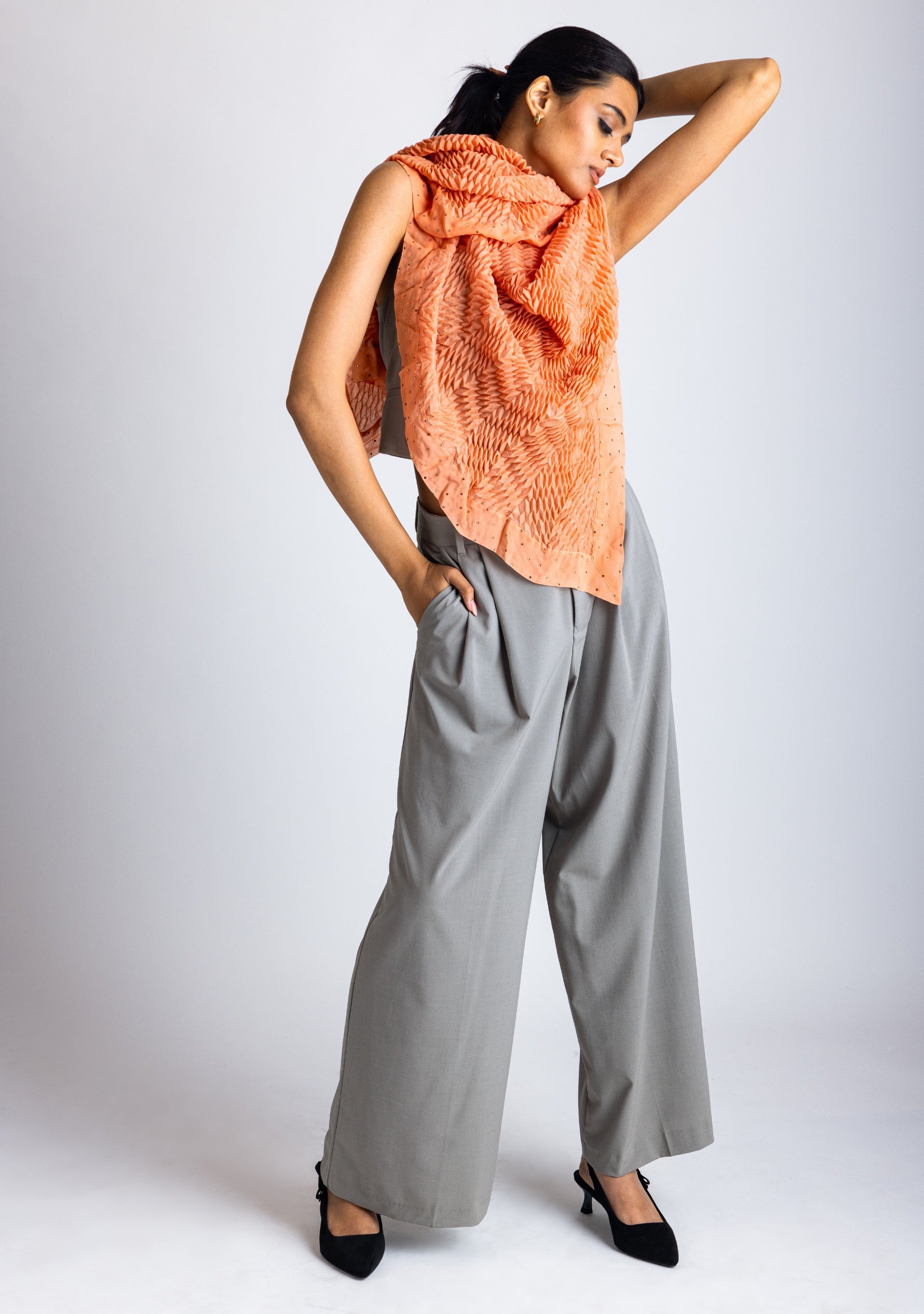 Salmon Pleated Wool and Silk Scarf with Salmon Georgette and Crystal Border