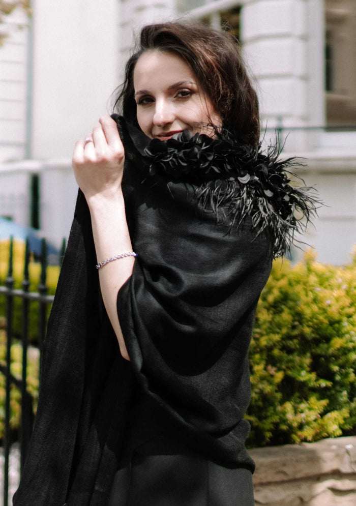 Black Cashmere Scarf Black Feather & Satin Applique