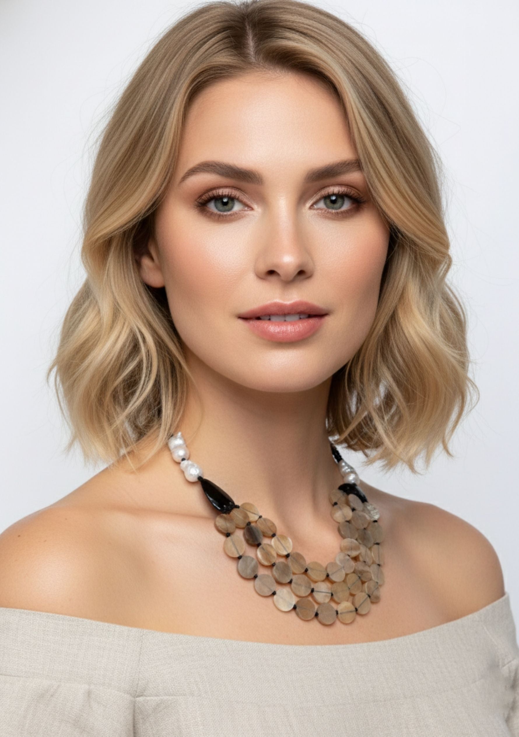 3-Layer Natural Buffalo Horn Disk Necklace with Black Buffalo Horn Beads & White Baroque Pearls