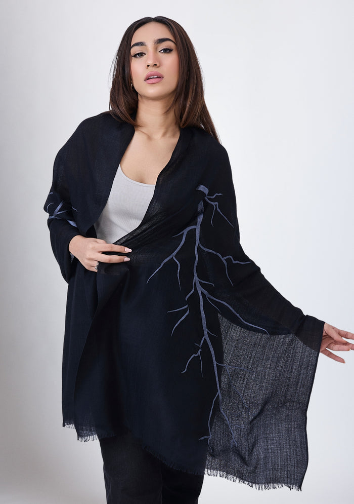 Black Cashmere ScarfSteel Gray Embroidery