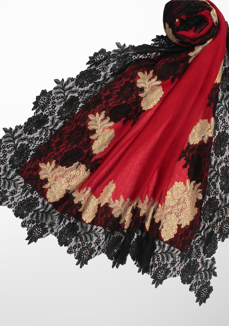 Maroon Wool and Silk Scarf with a Black and Dk. Gold Double Color Lace Border