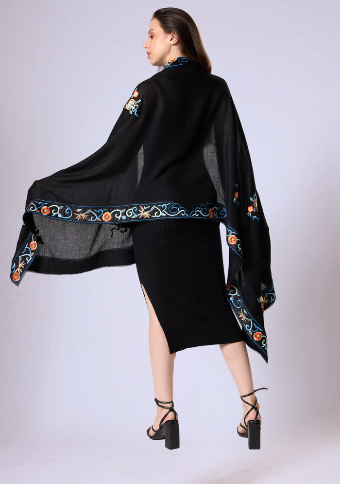 Black Cashmere Scarf Black Multi-colored Embroidery & Black Lace