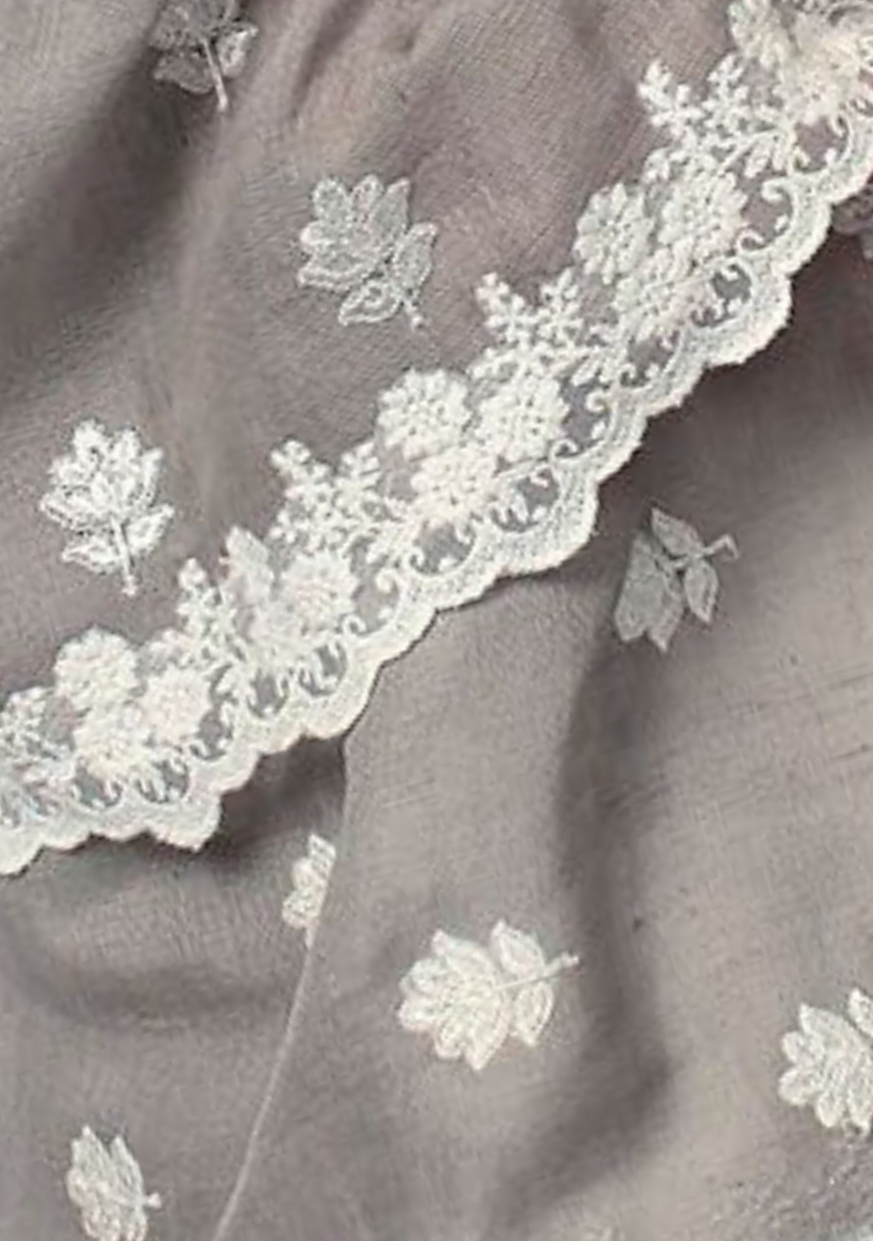 Mousse Linen and Modal Scarf with White Floral Embroidery and White Floral Lace Border