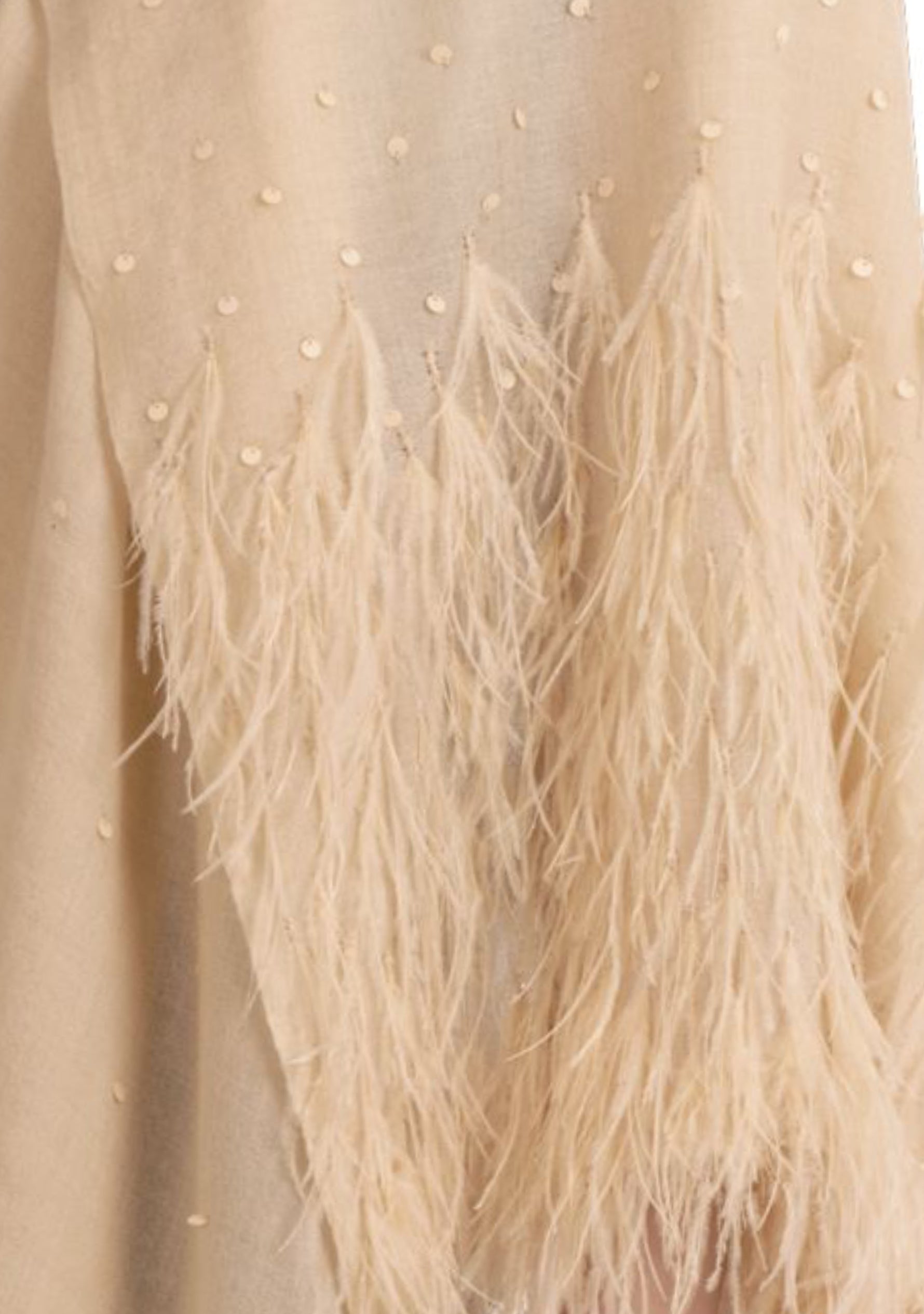 Beige Cashmere Scarf with Beige Ostrich Feathers and Beige Sequin