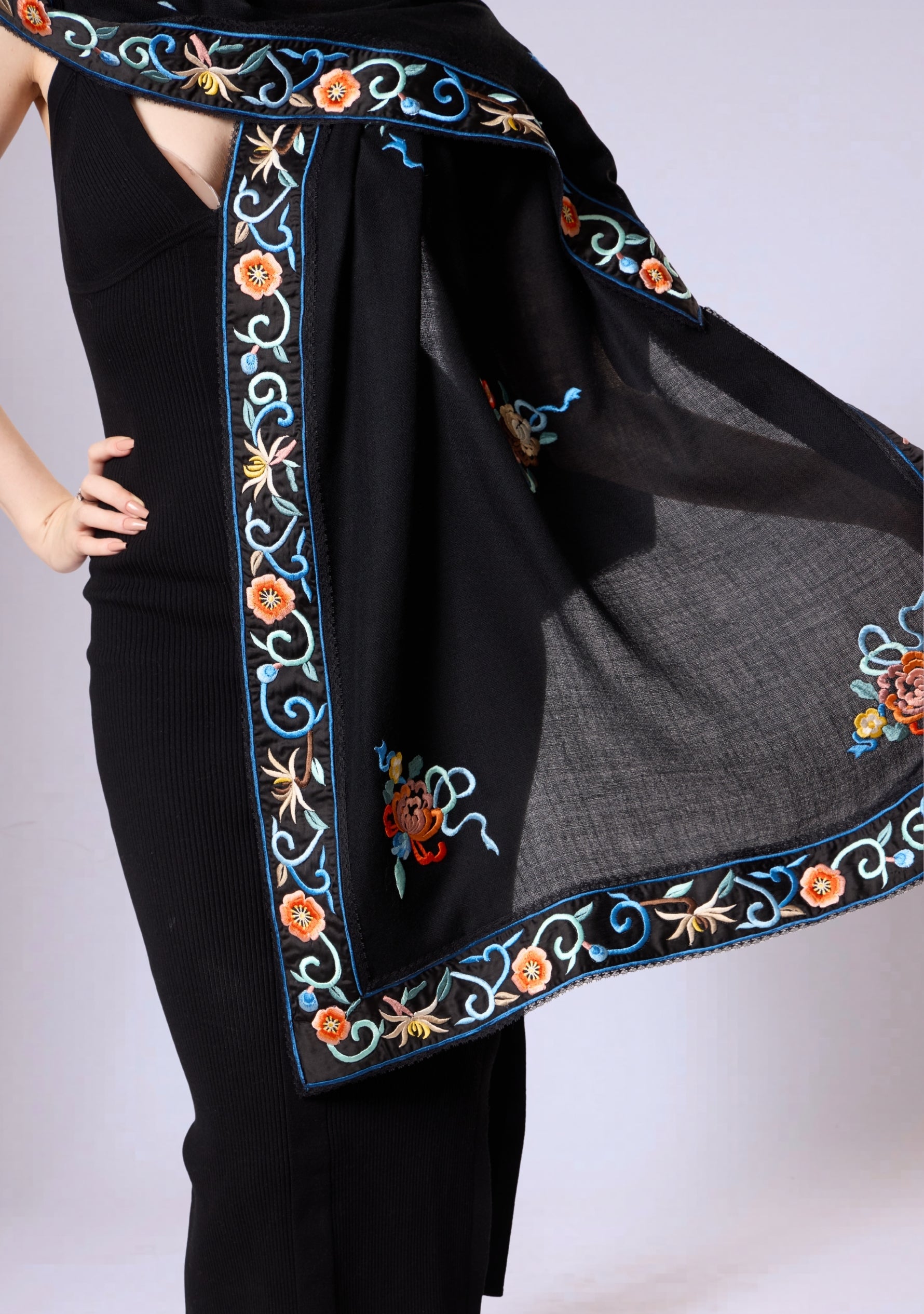 Black Cashmere Scarf Black Multi-colored Embroidery & Black Lace