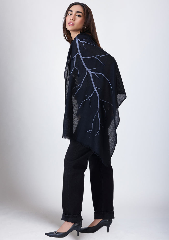 Black Cashmere ScarfSteel Gray Embroidery