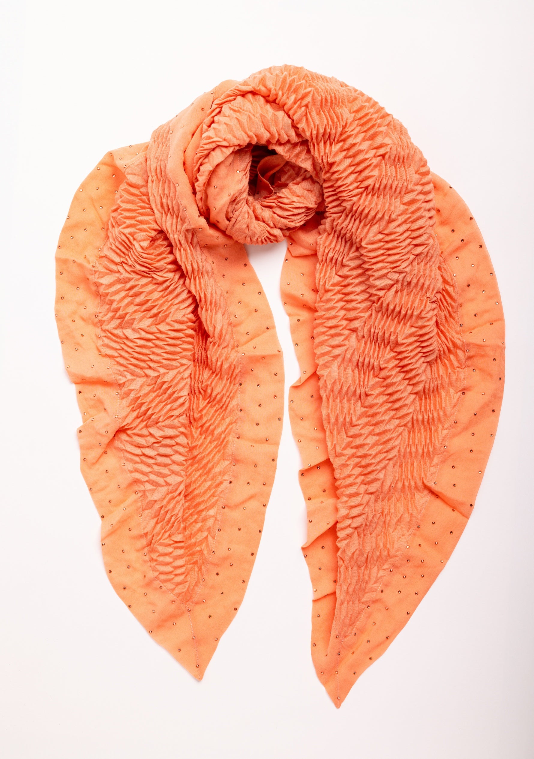 Salmon Pleated Wool and Silk Scarf with Salmon Georgette and Crystal Border