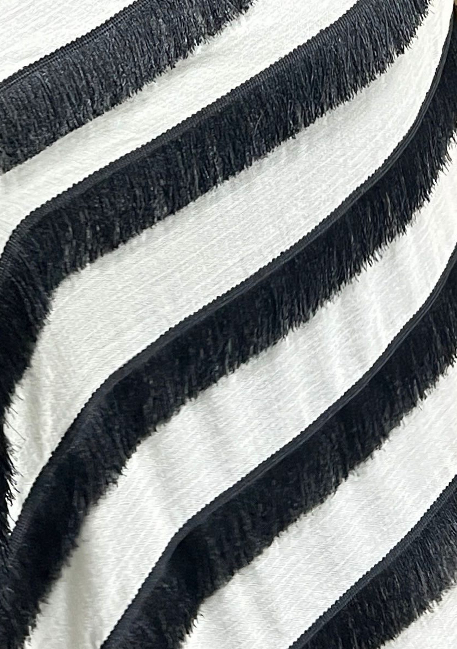 Ivory Wool and Silk Scarf with Black Fringe Panels