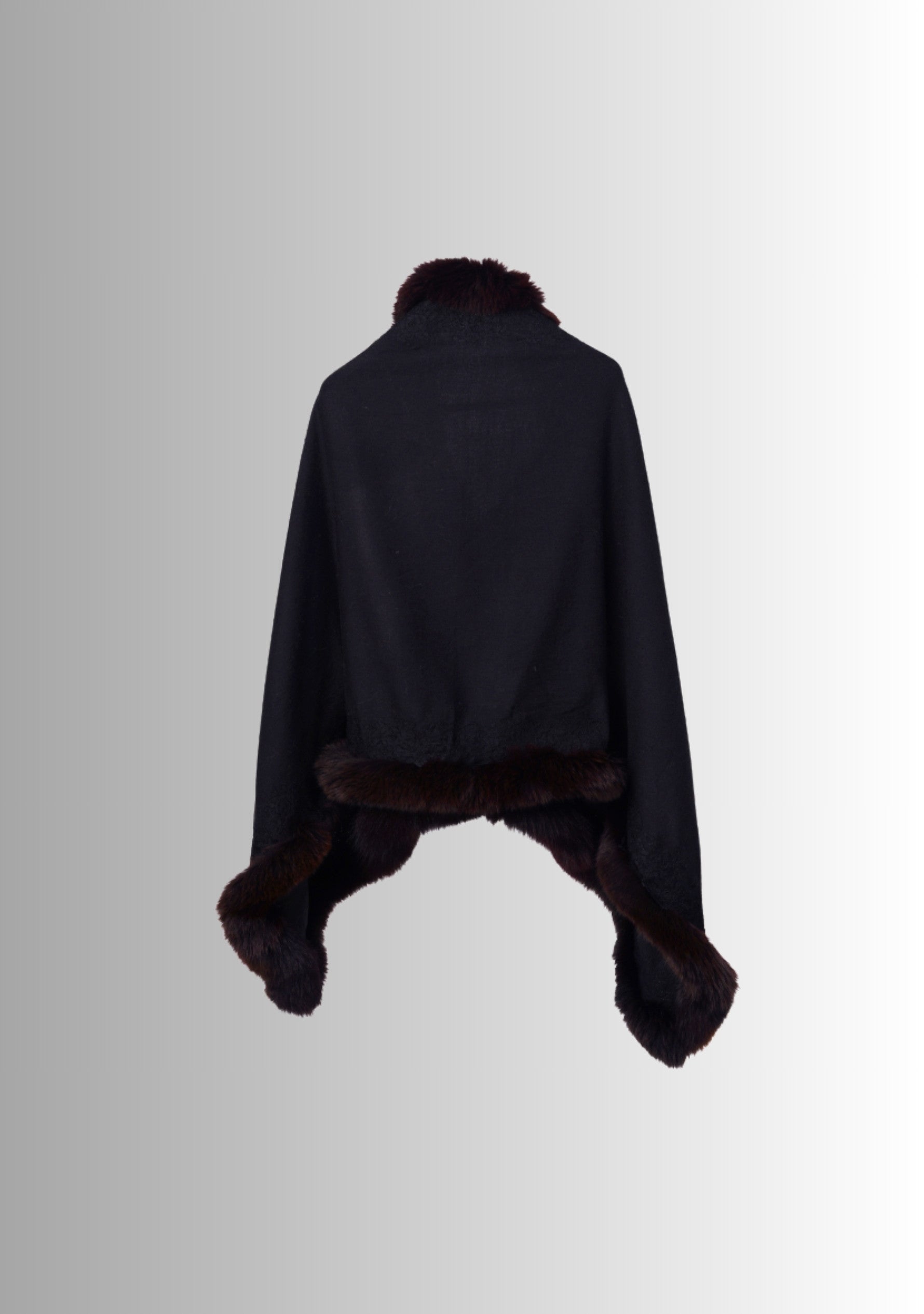 Black Cashmere Stole Brown Fox Fur & Black Floral Lace