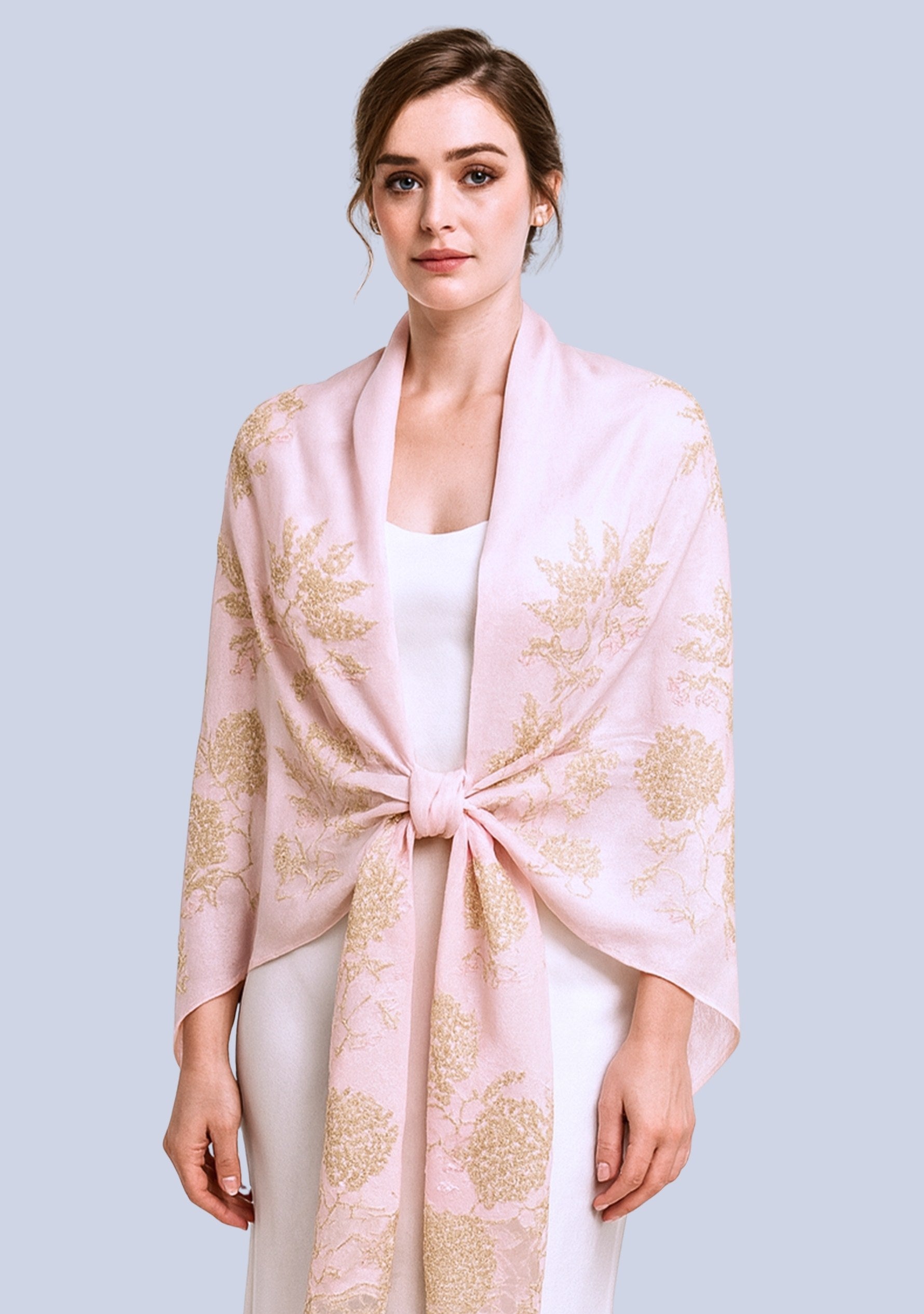 Pale Pink Wool & Silk Scarf Gold Lace