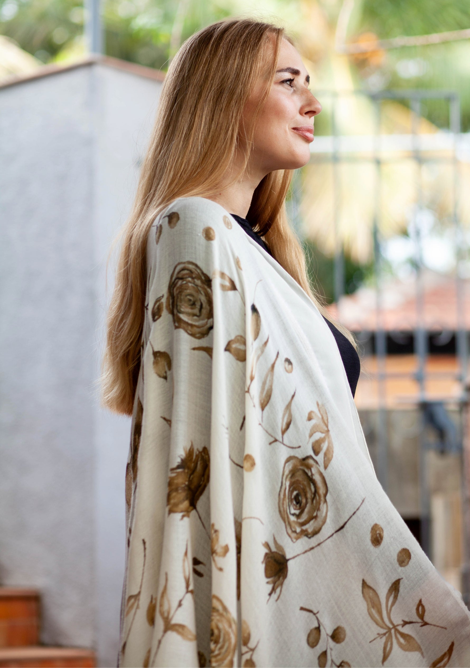 Ivory Cashmere Scarf with Hand-Painted Vintage Design and Ivory Frill and Lace Border