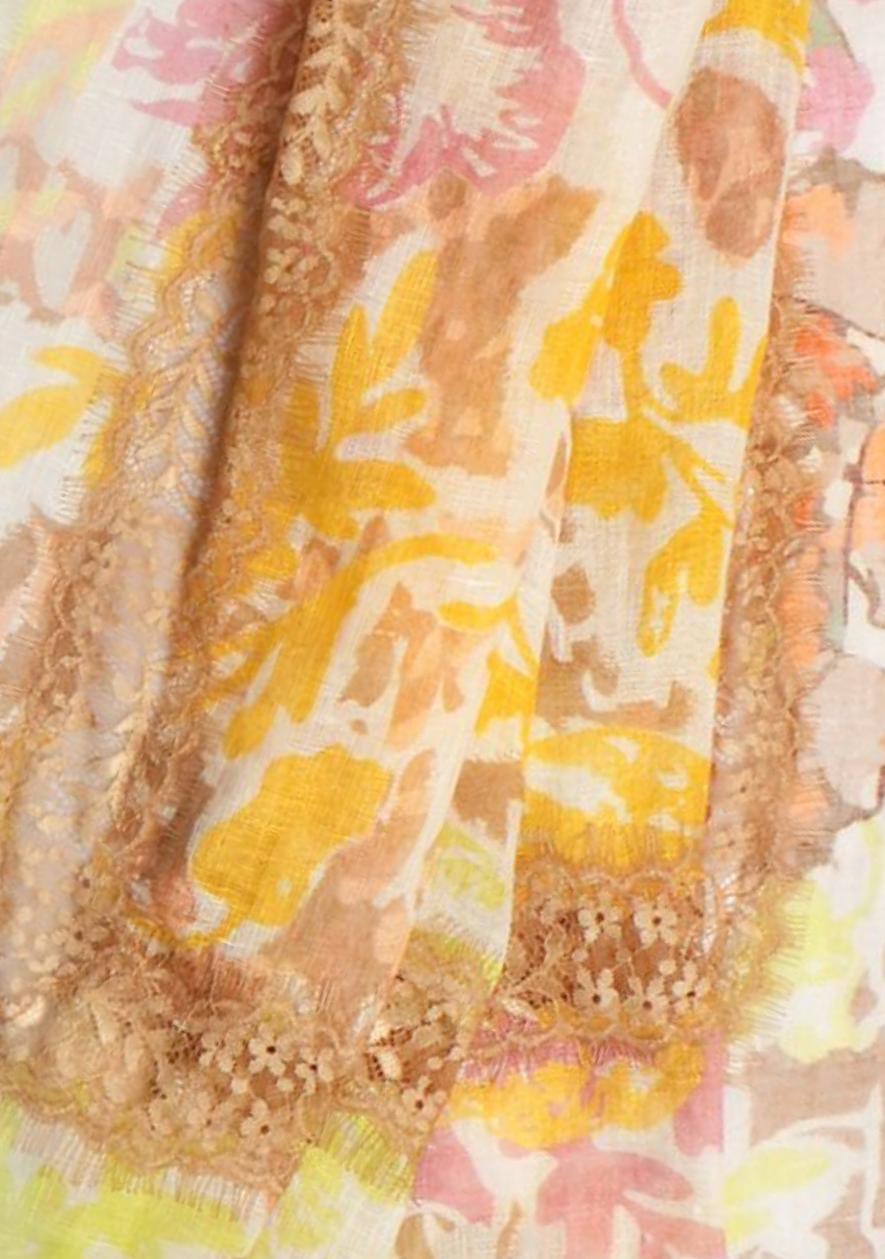 Dual Color Gold and Sand Floral Print Linen Scarf with a Sand Lace Cut-out Inner Border