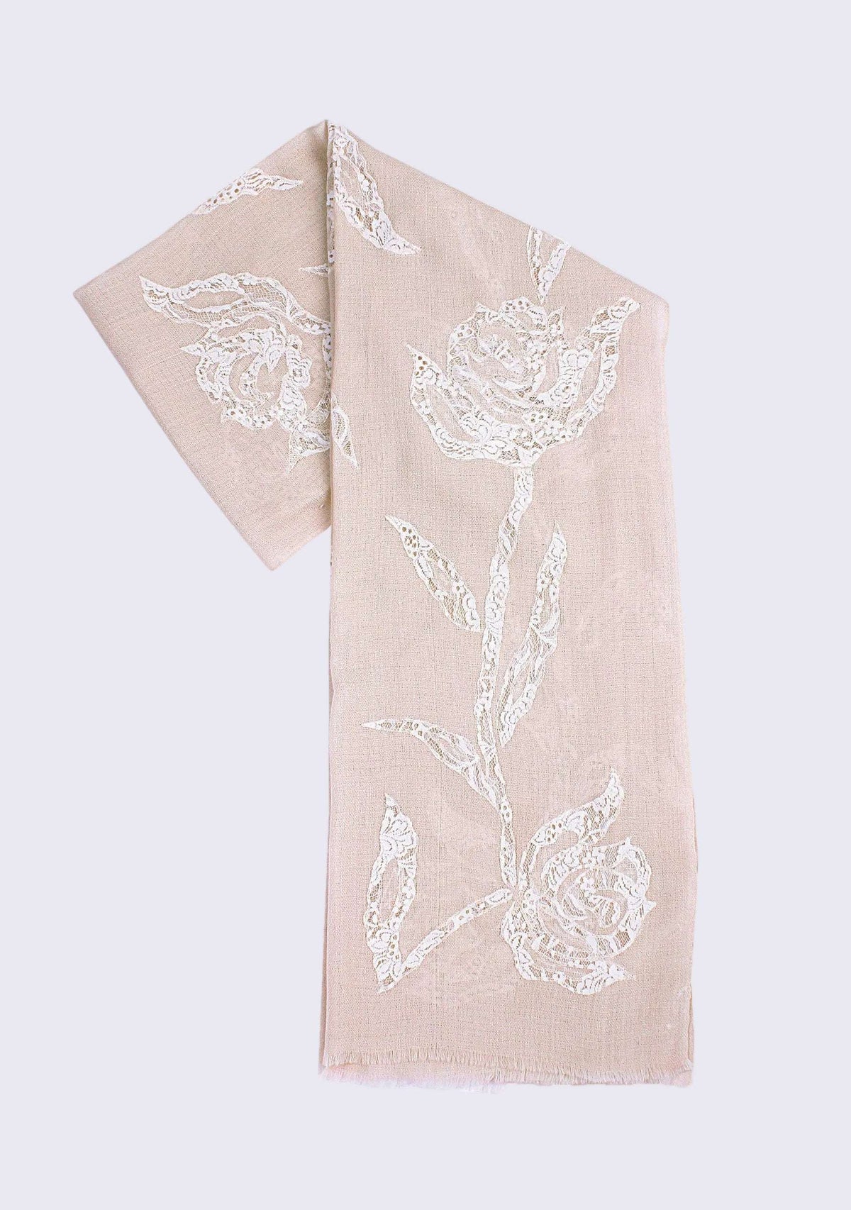 Pink scarf with white floral embroidery on a white background