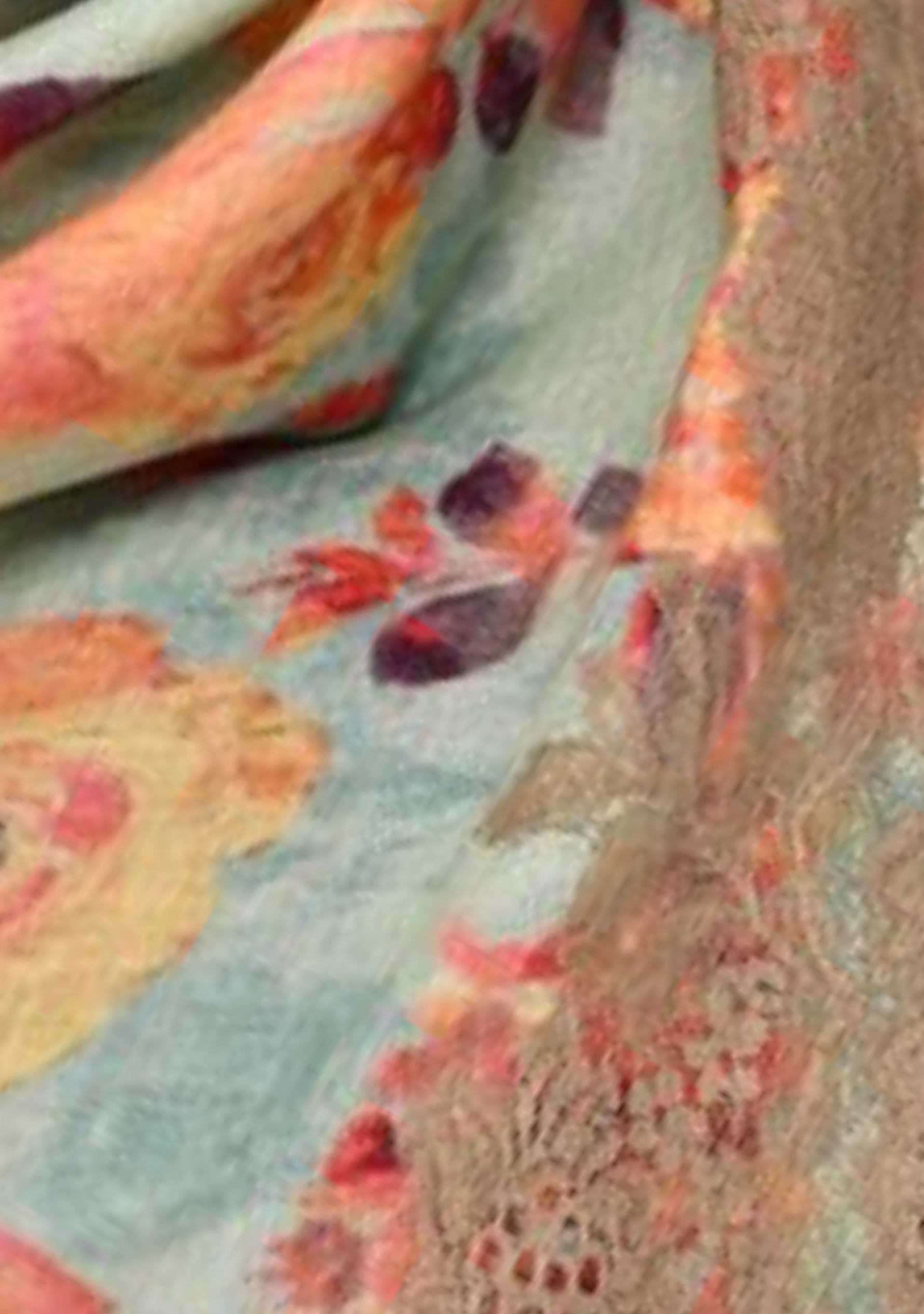 Orange Blossom Print Wool And Silk Scarf with a Natural Floral Lace Border