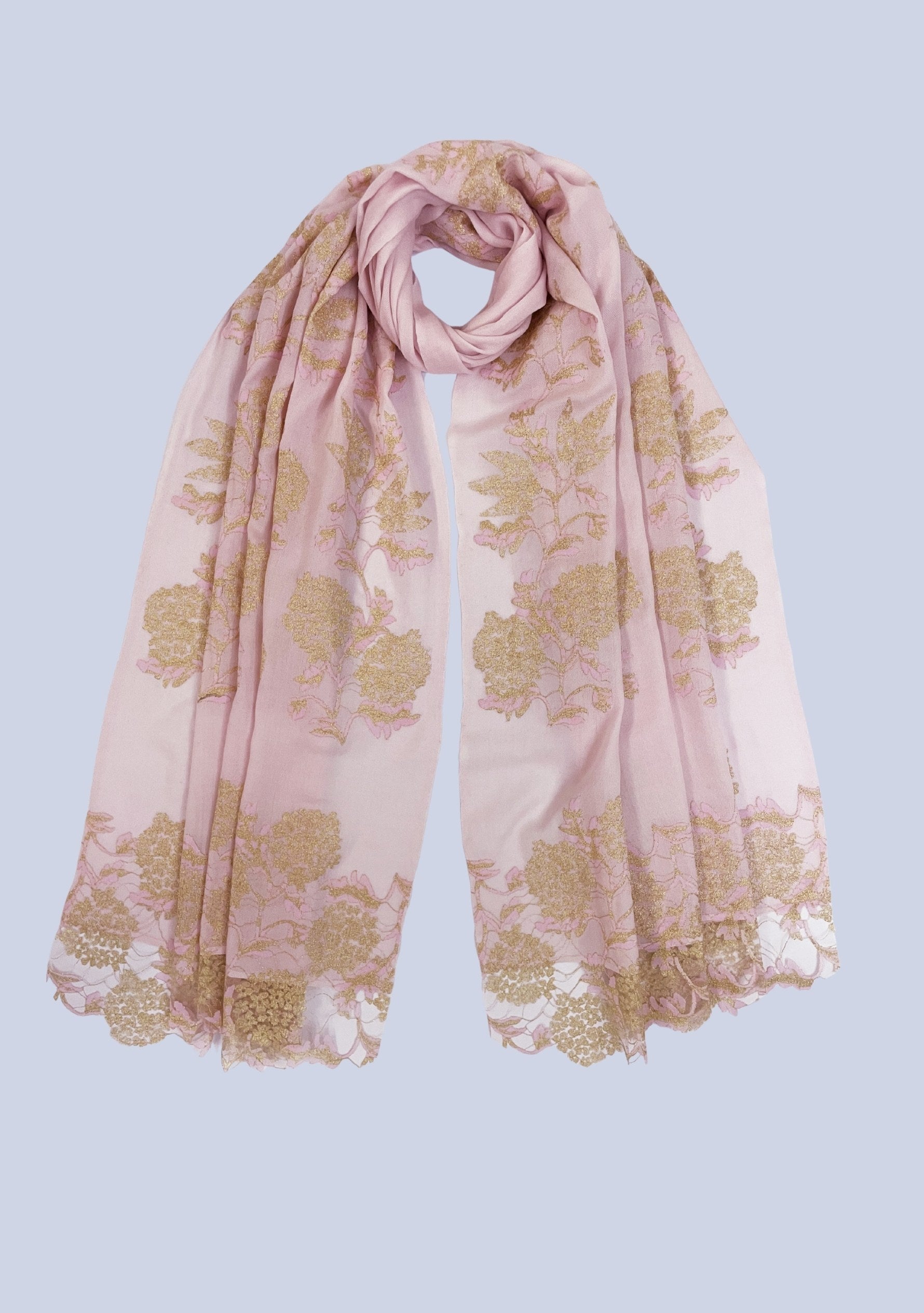 Pale Pink Wool & Silk Scarf Gold Lace