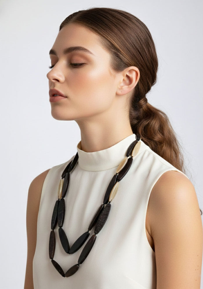 Double-Layer Oblong Dark Brown-Natural Buffalo Horn Necklace jewelry