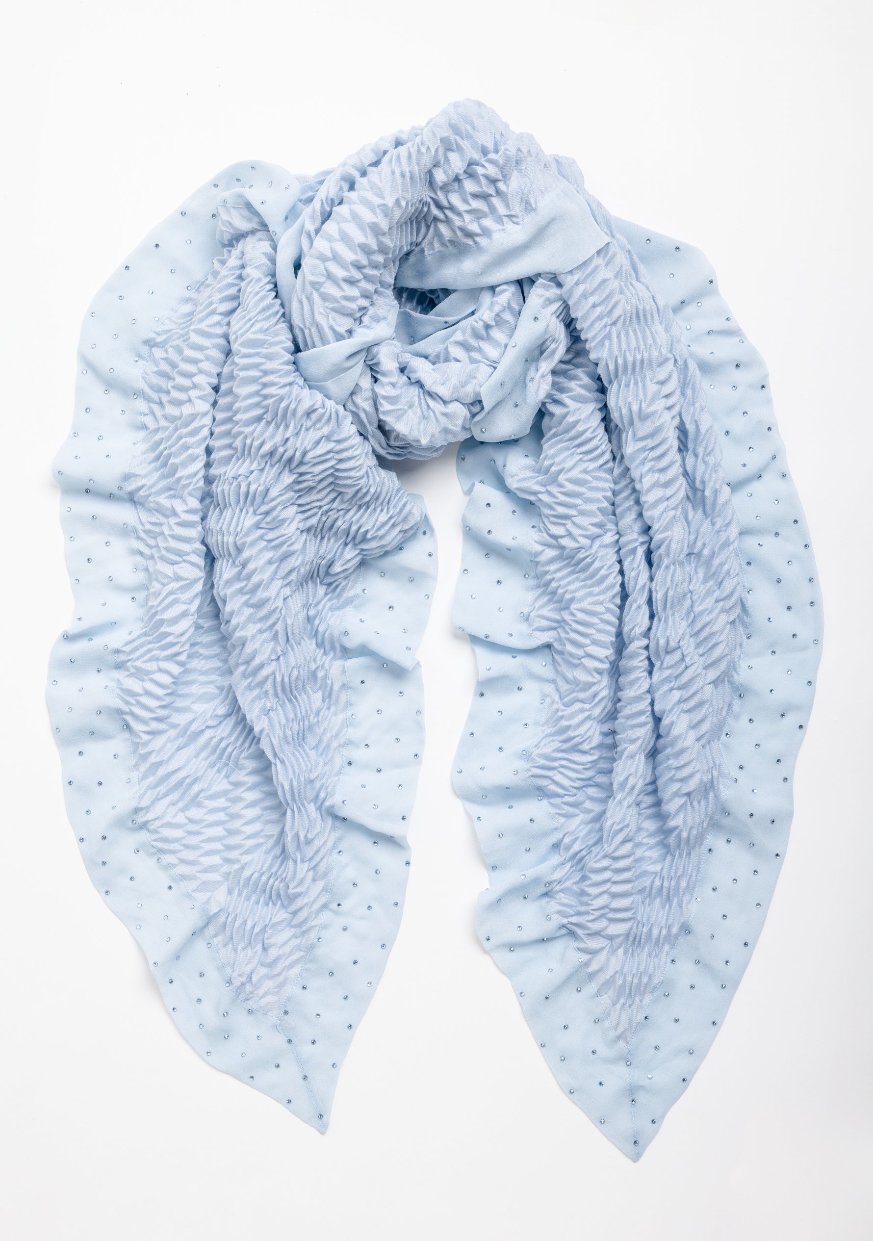 Powder Blue Pleated Wool and Silk Scarf with Powder Blue Georgette and Crystal Border