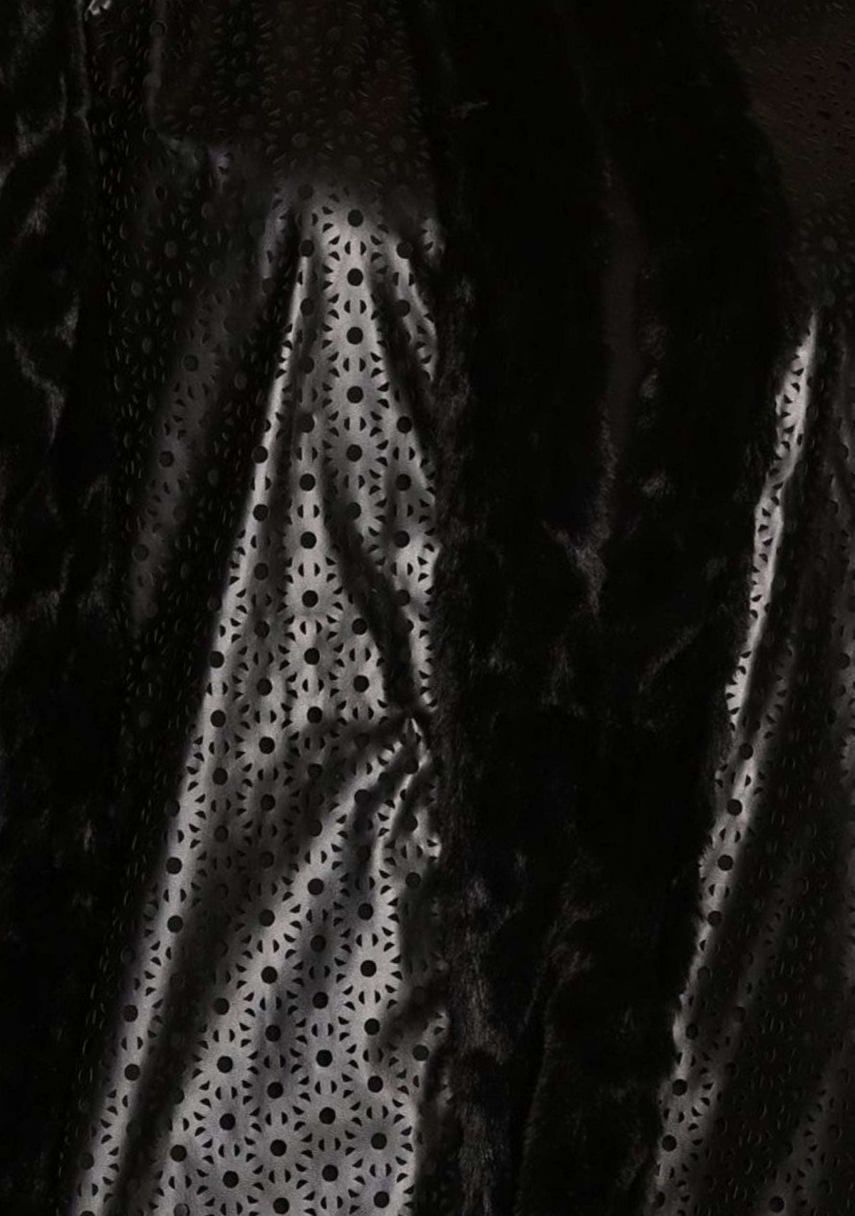 Black Faux Leather & Charcoal Melange Wool Sleeveless Jacket 
Black Faux Fur