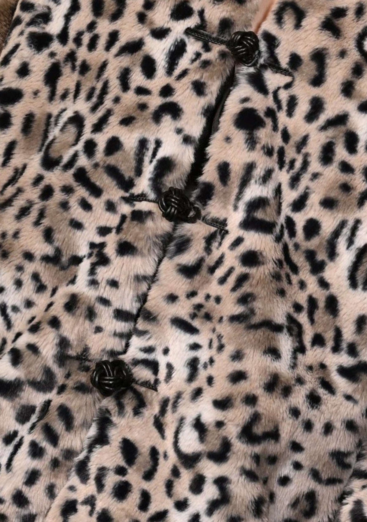 White Leopard Faux Fur Jacket 
Black Faux Leather Trims