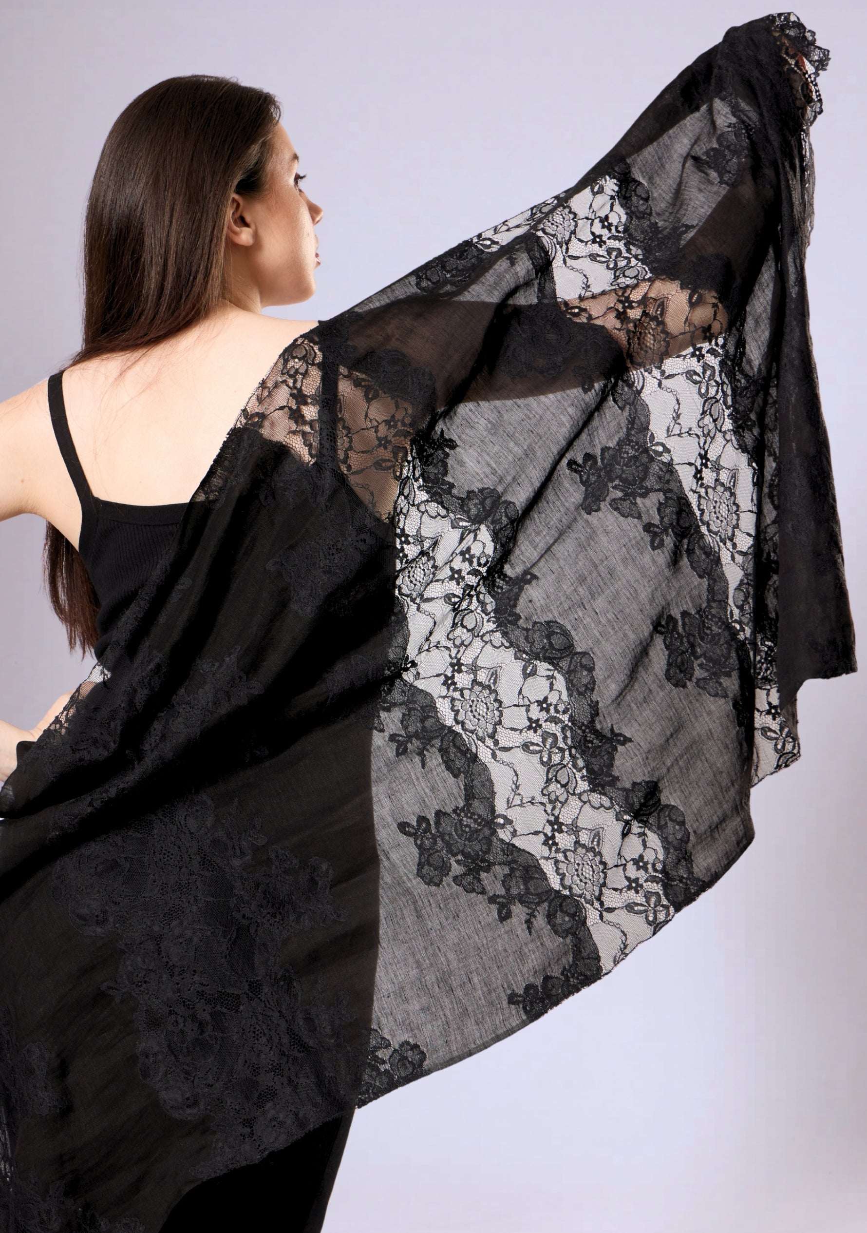 Maneesha Ruia black linen modal scarf with black lace panels, luxury lightweight designer scarf for women