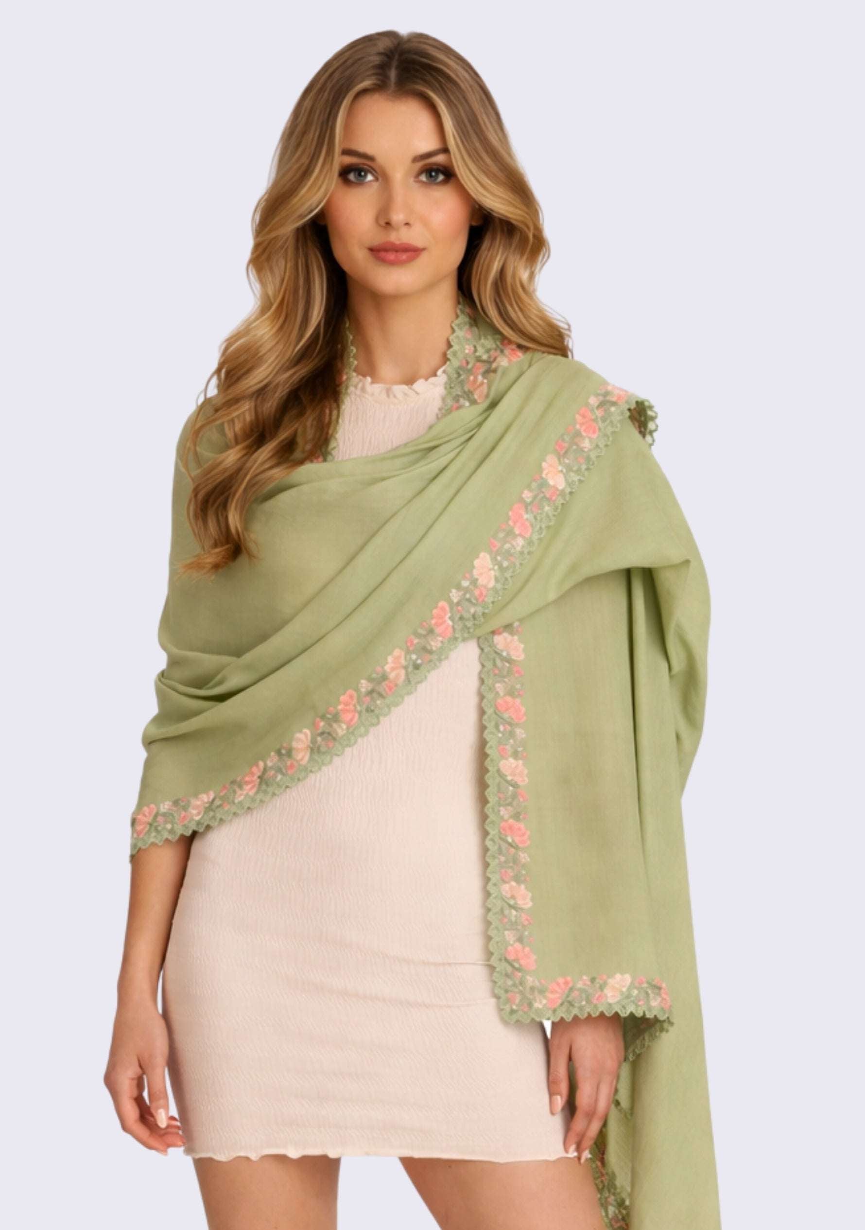 Fern Green Wool & Silk Scarf 
Multi-colored Embroidery & Fern Green Lace