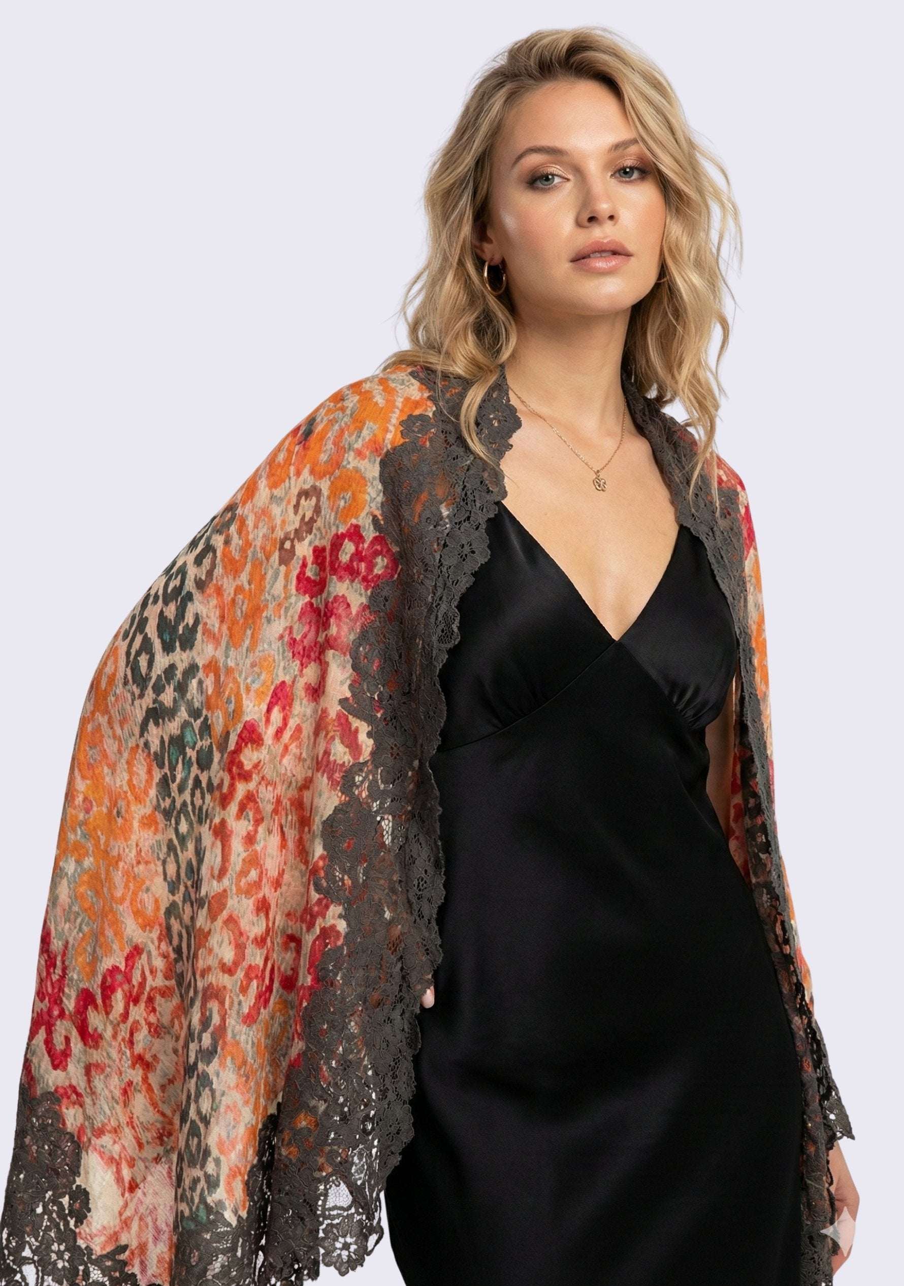 Red Leopard Print Wool & Silk ScarfGray Lace