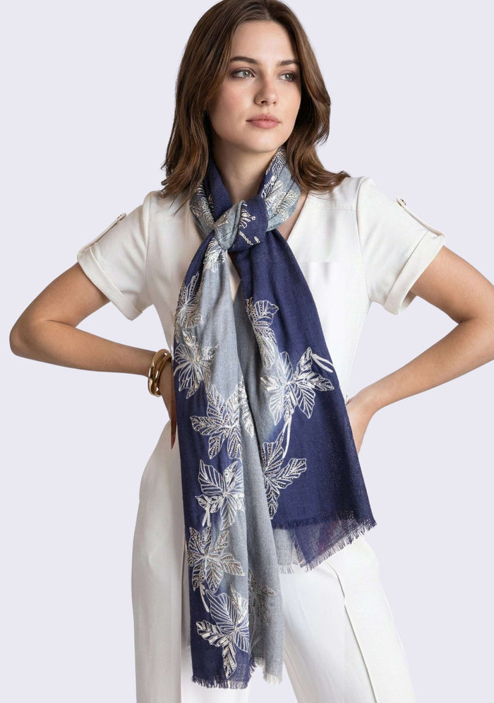 Navy Blue & Steel Gray Cashmere Scarf Silver Sequin & Metalic Embroidery