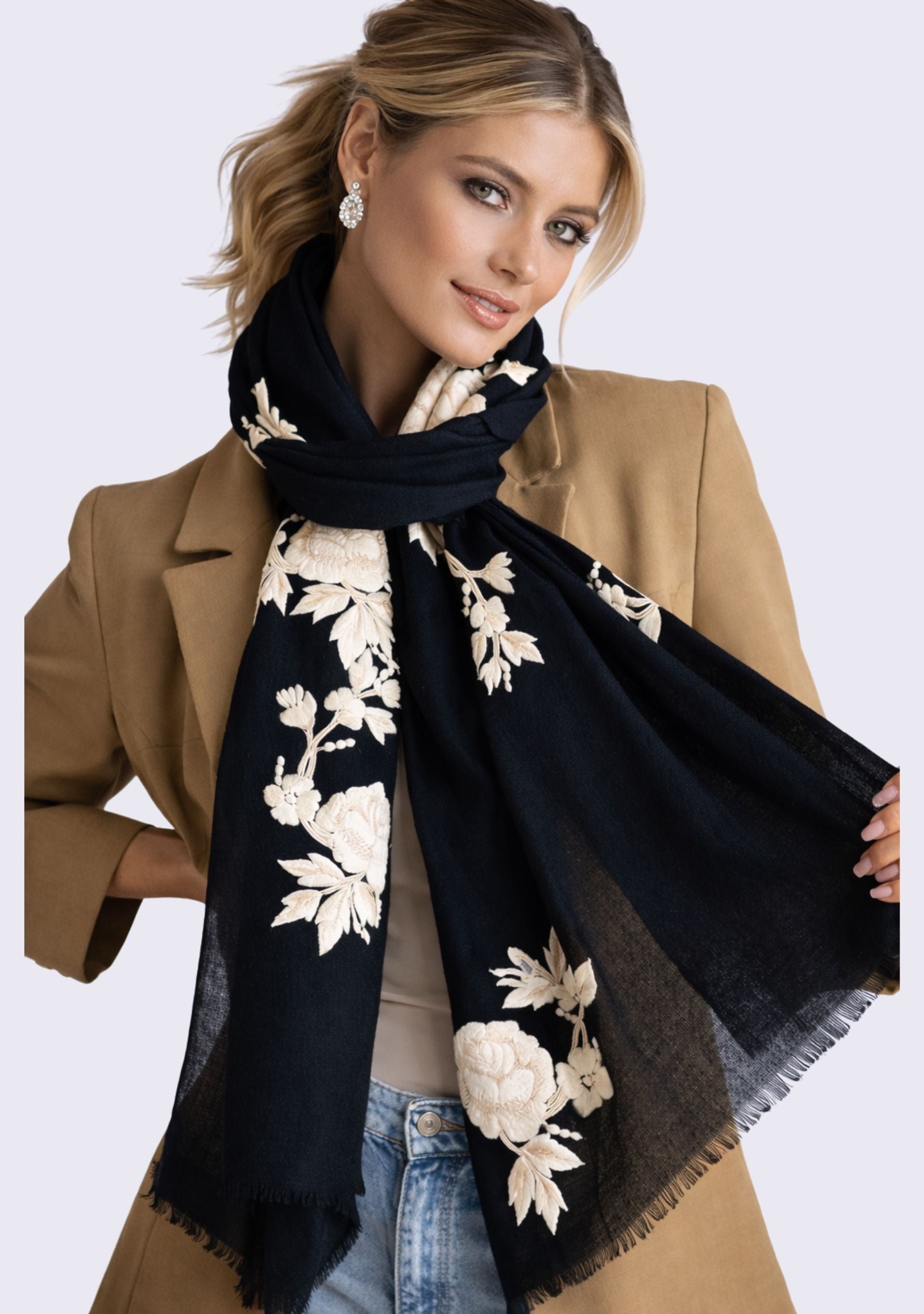 Black Cashmere Scarf Ivory & Beige Embroidery