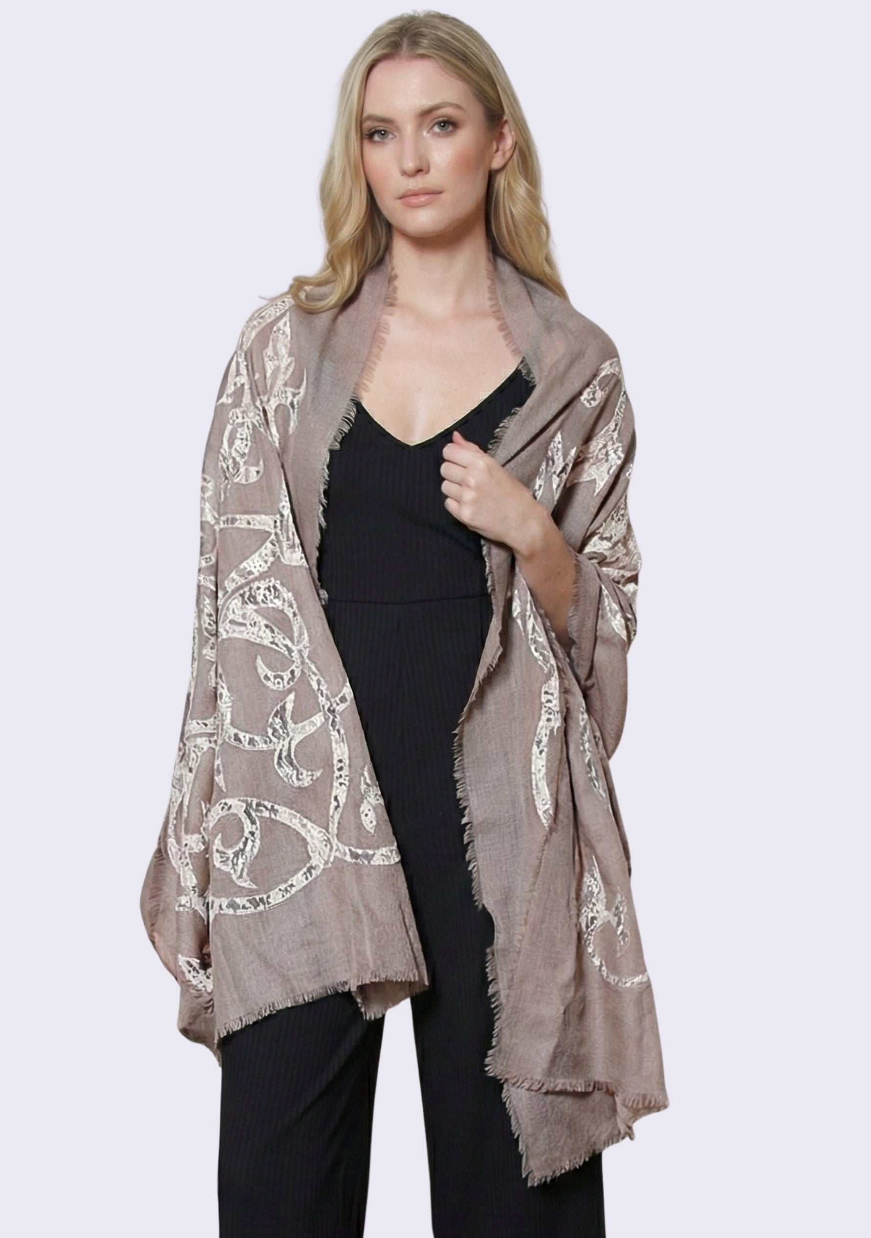 Taupe Cashmere Scarf 
Beige Lace
