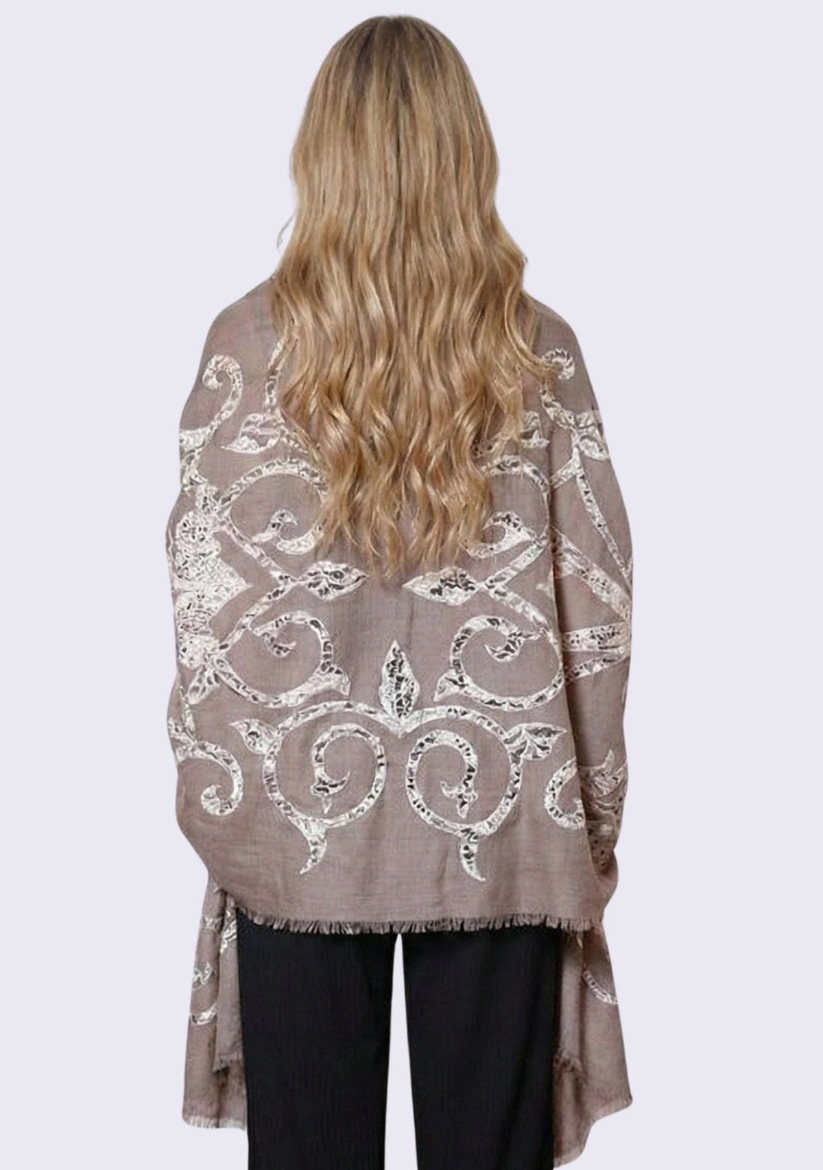 Taupe Cashmere Scarf 
Beige Lace