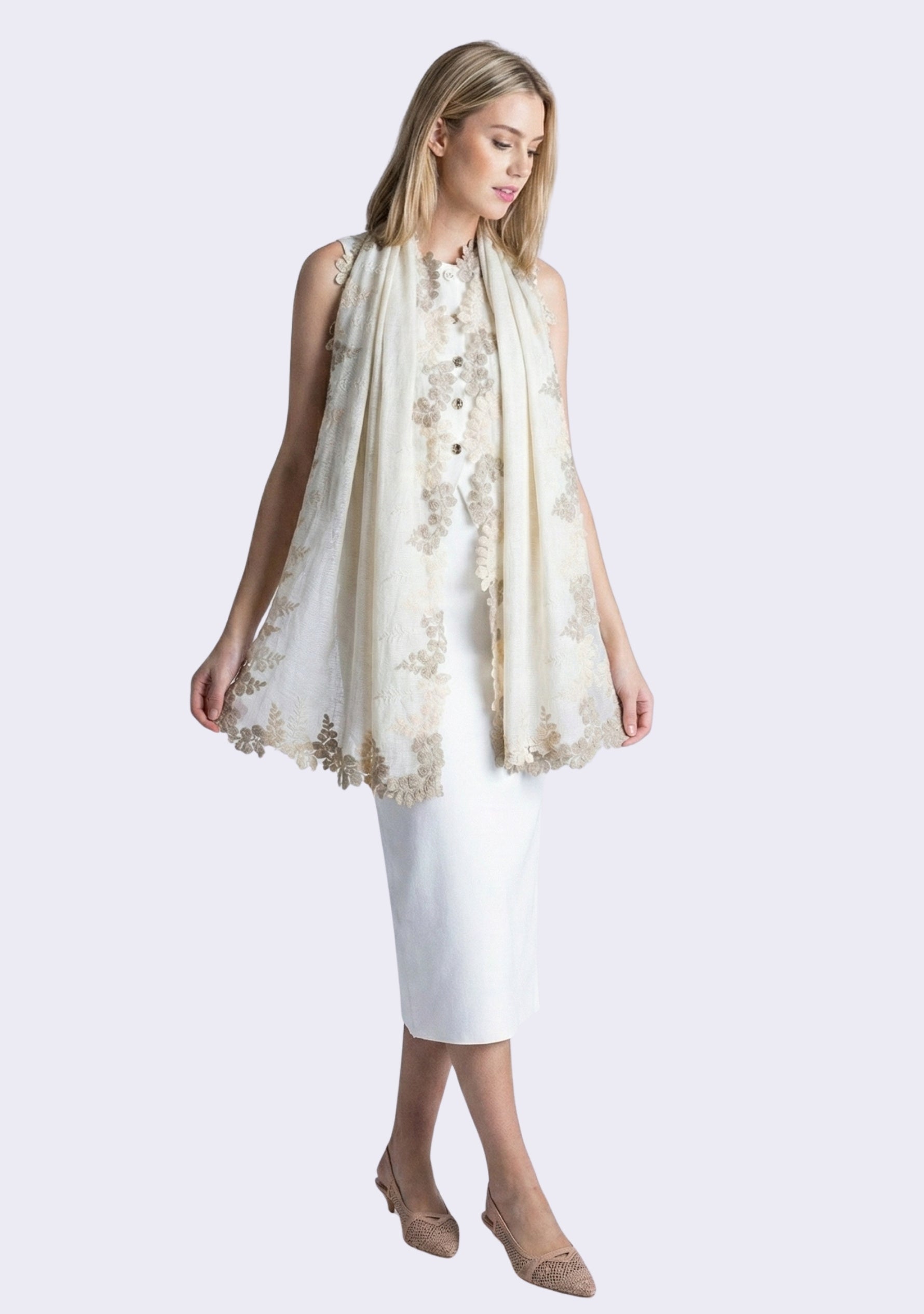 Ivory Wool & Silk Scarf Beige, Natural & Alabaster Lace