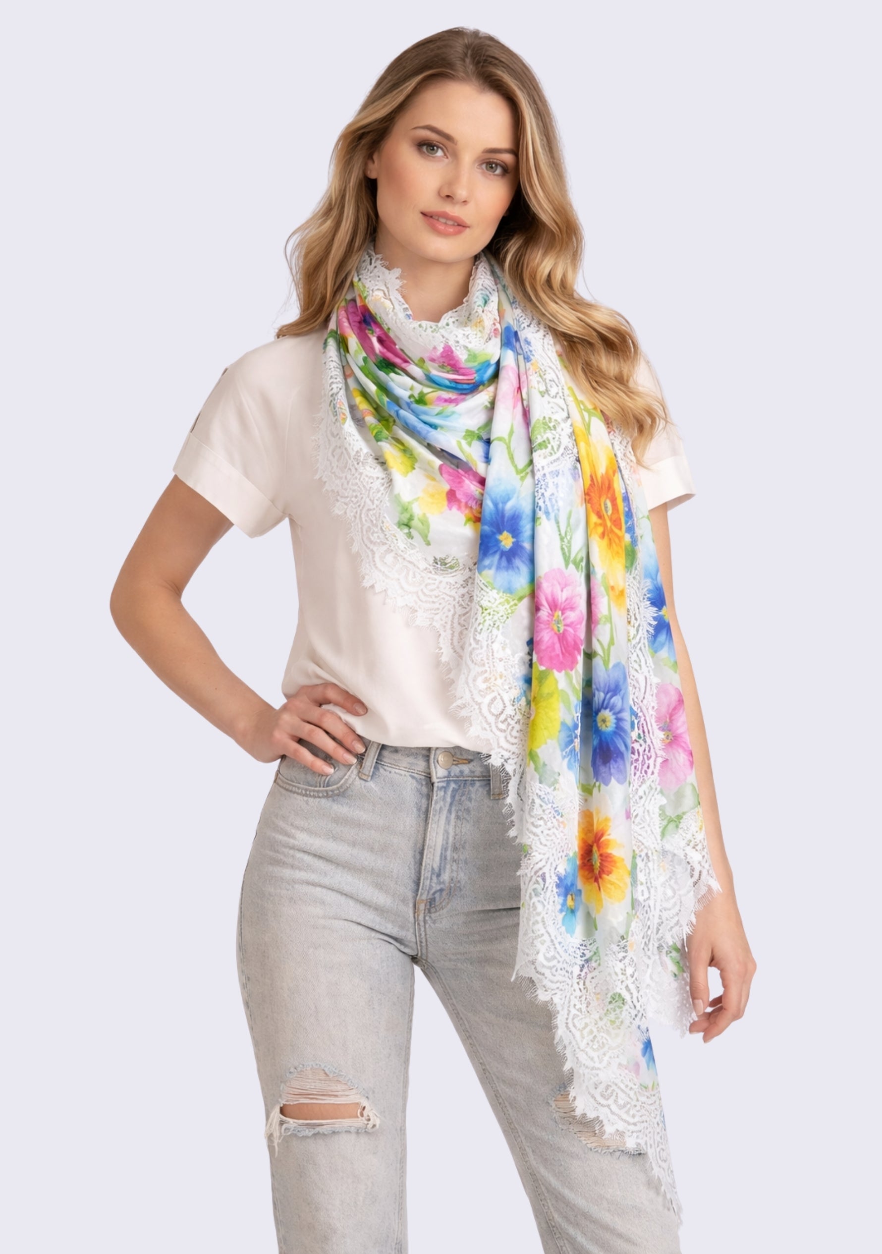 Ivory Print Modal & Cashmere Scarf 
Ivory Lace