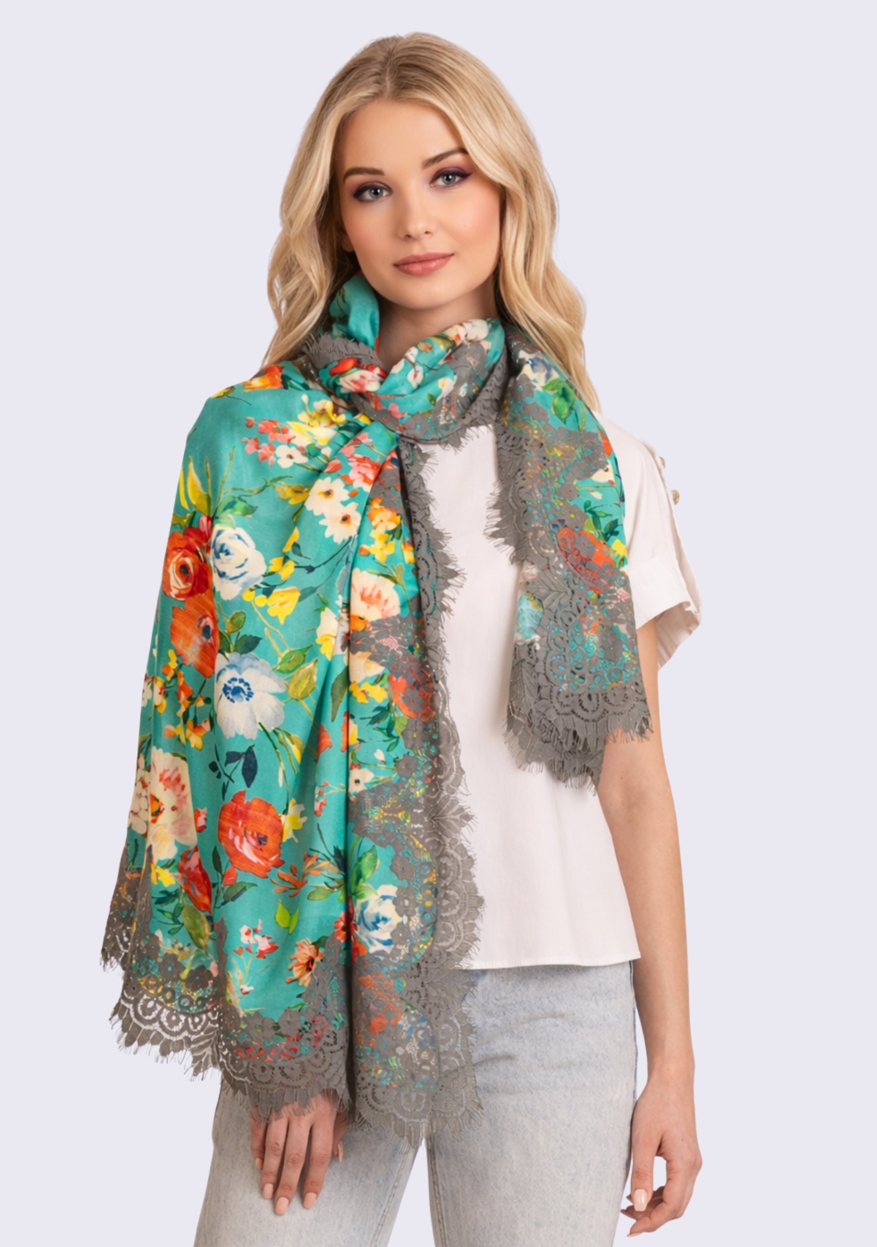 Teal Green Print Modal & Cashmere Scarf
 Mousse Lace