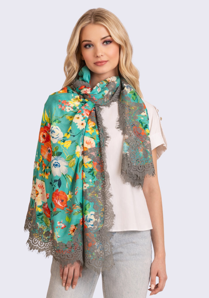 Teal Green Print Modal & Cashmere Scarf
 Mousse Lace