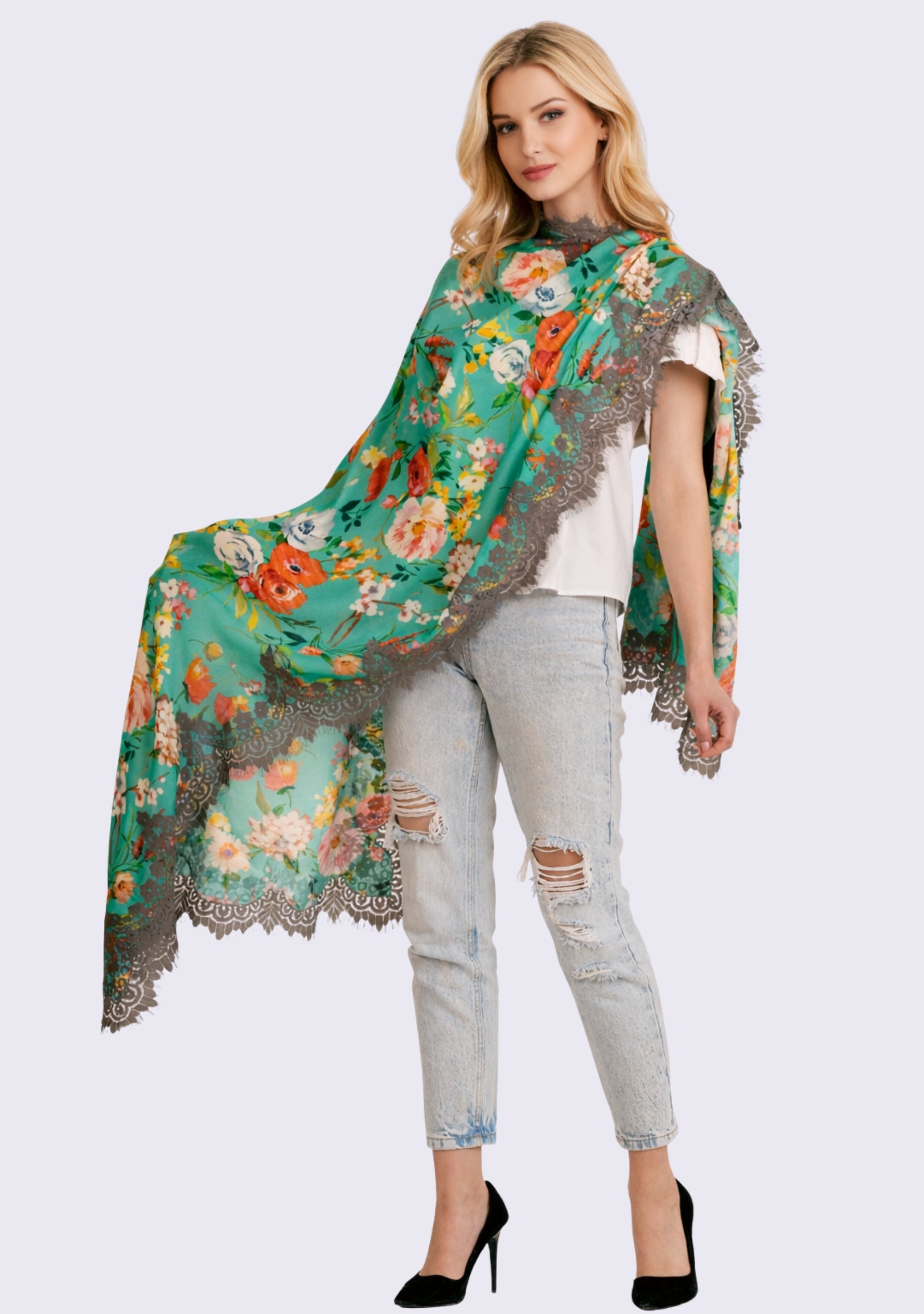 Teal Green Print Modal & Cashmere Scarf
 Mousse Lace
