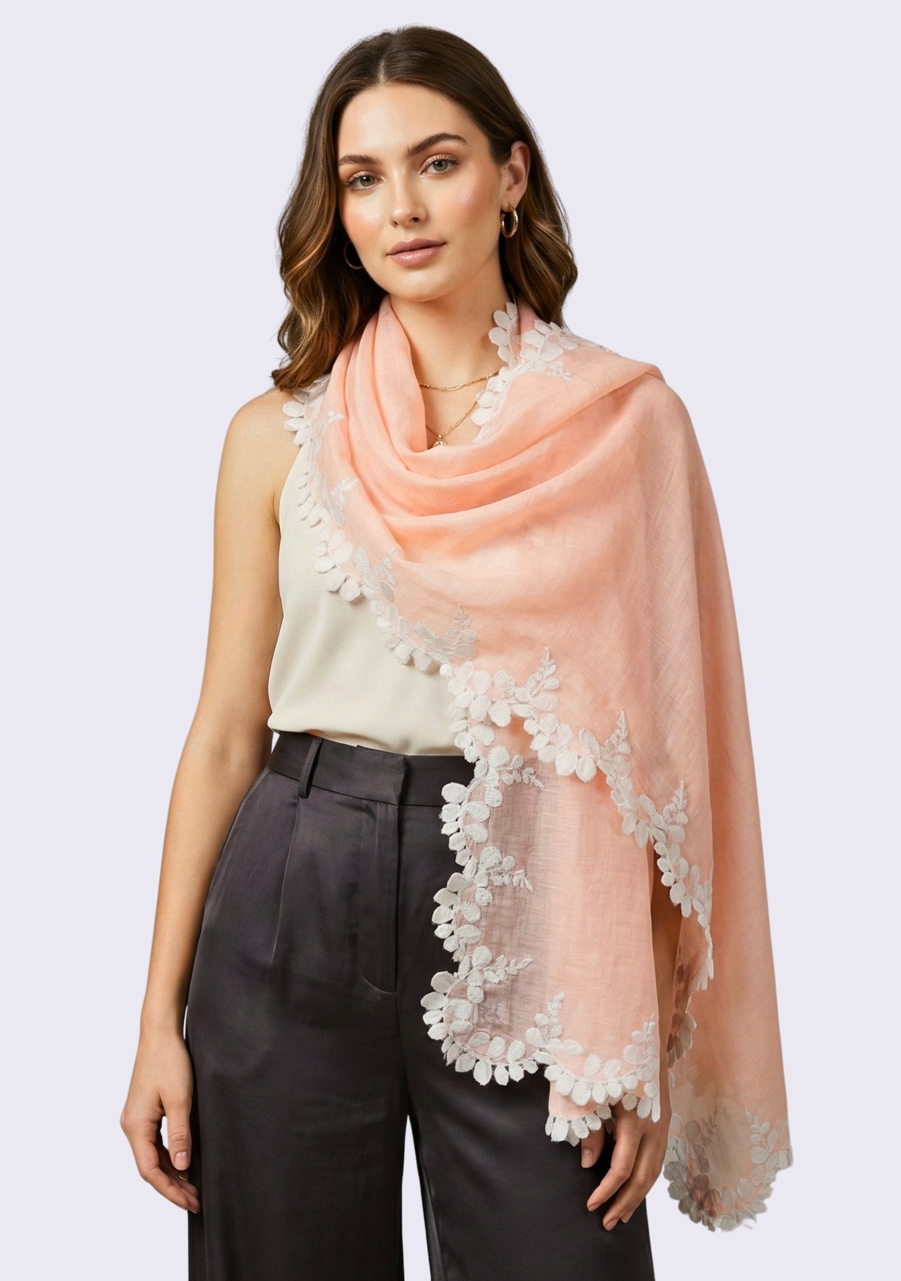 Lt. Peach Linen & Modal Scarf 
Ivory Lace