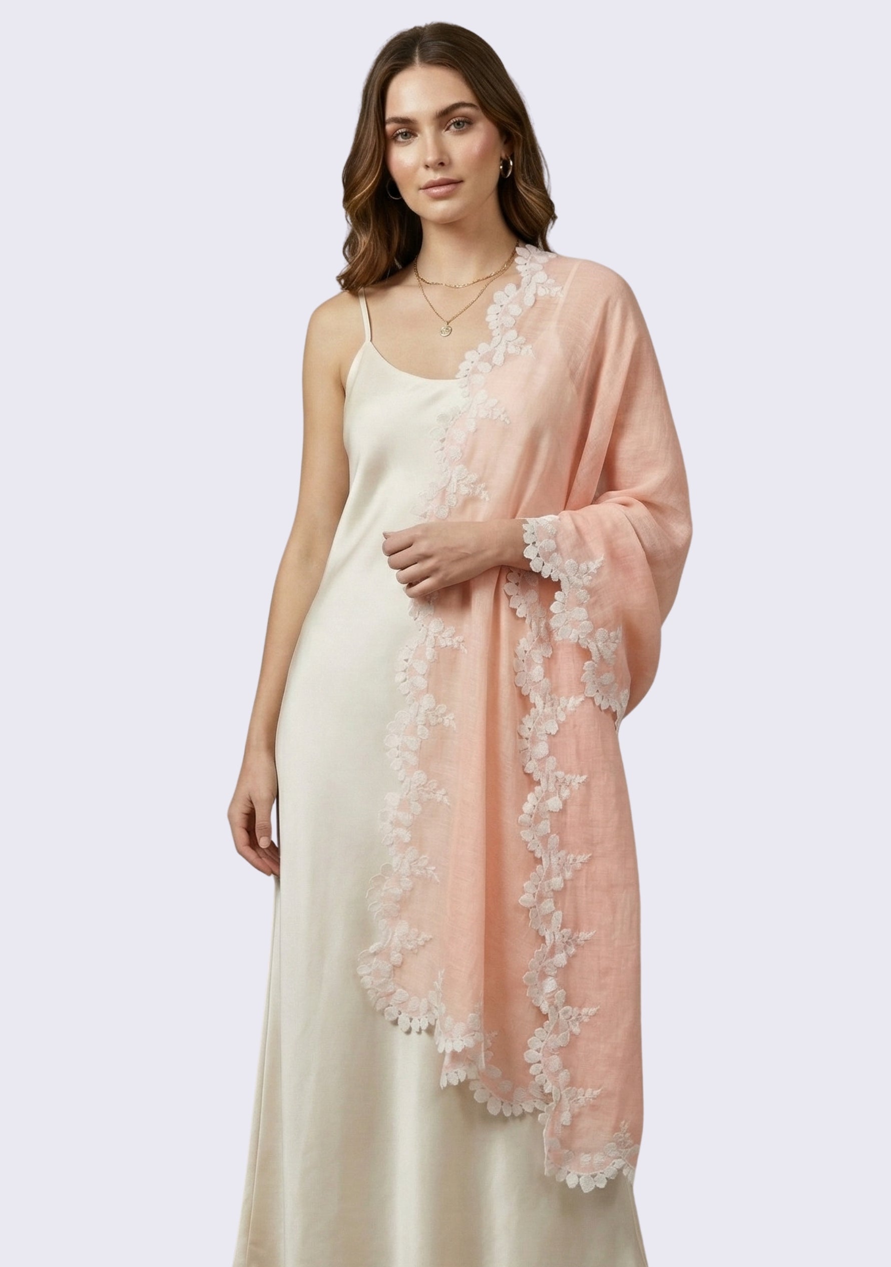 Lt. Peach Linen & Modal Scarf 
Ivory Lace