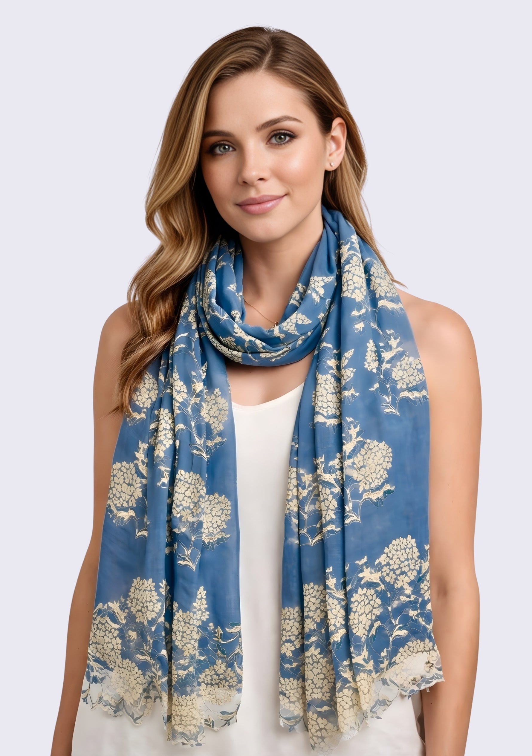 Denim Blue Wool & Silk Scarf Gold Lace