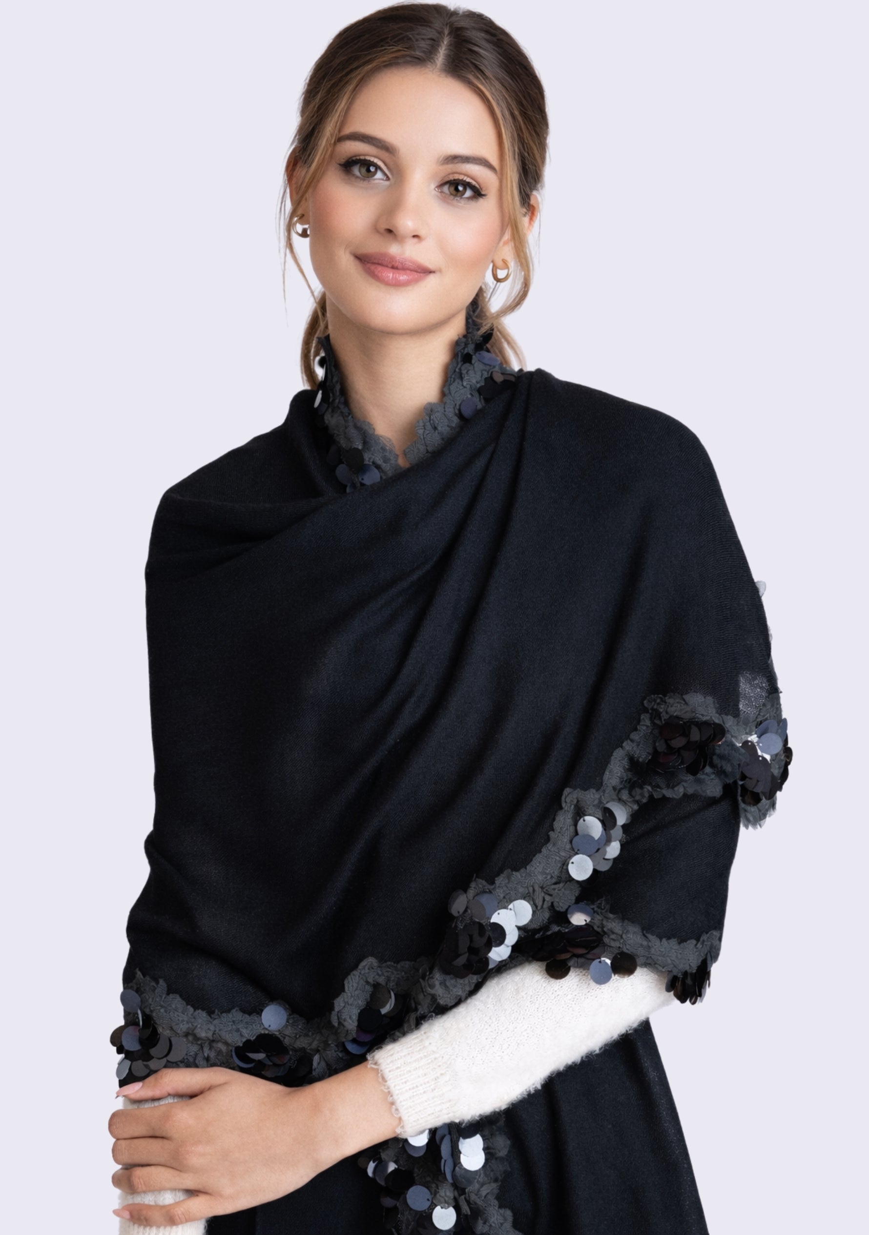 Black Cashmere Scarf
Black Sequin & Frill