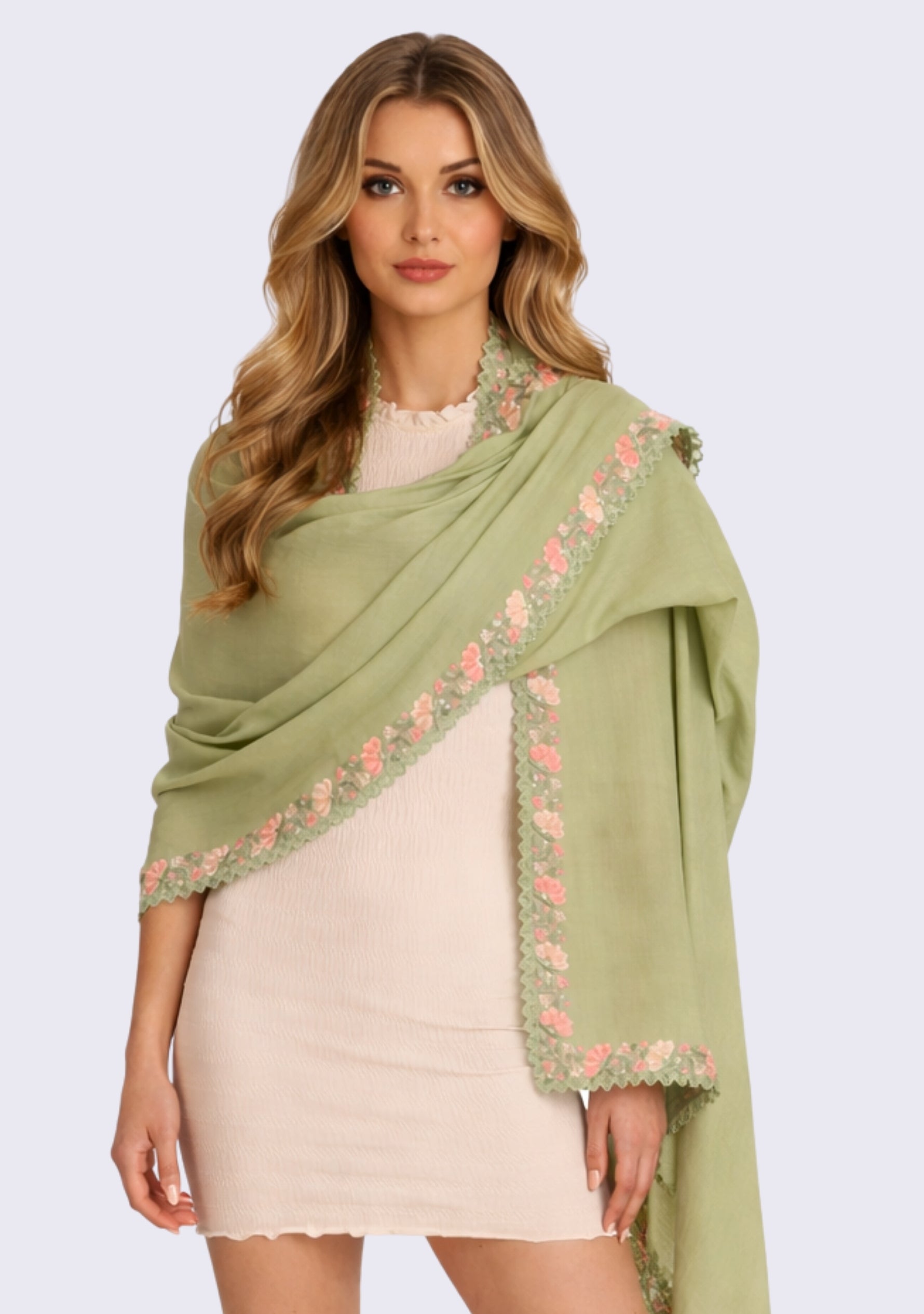 Fern Green Wool & Silk Scarf 
Multi-colored Embroidery & Fern Green Lace