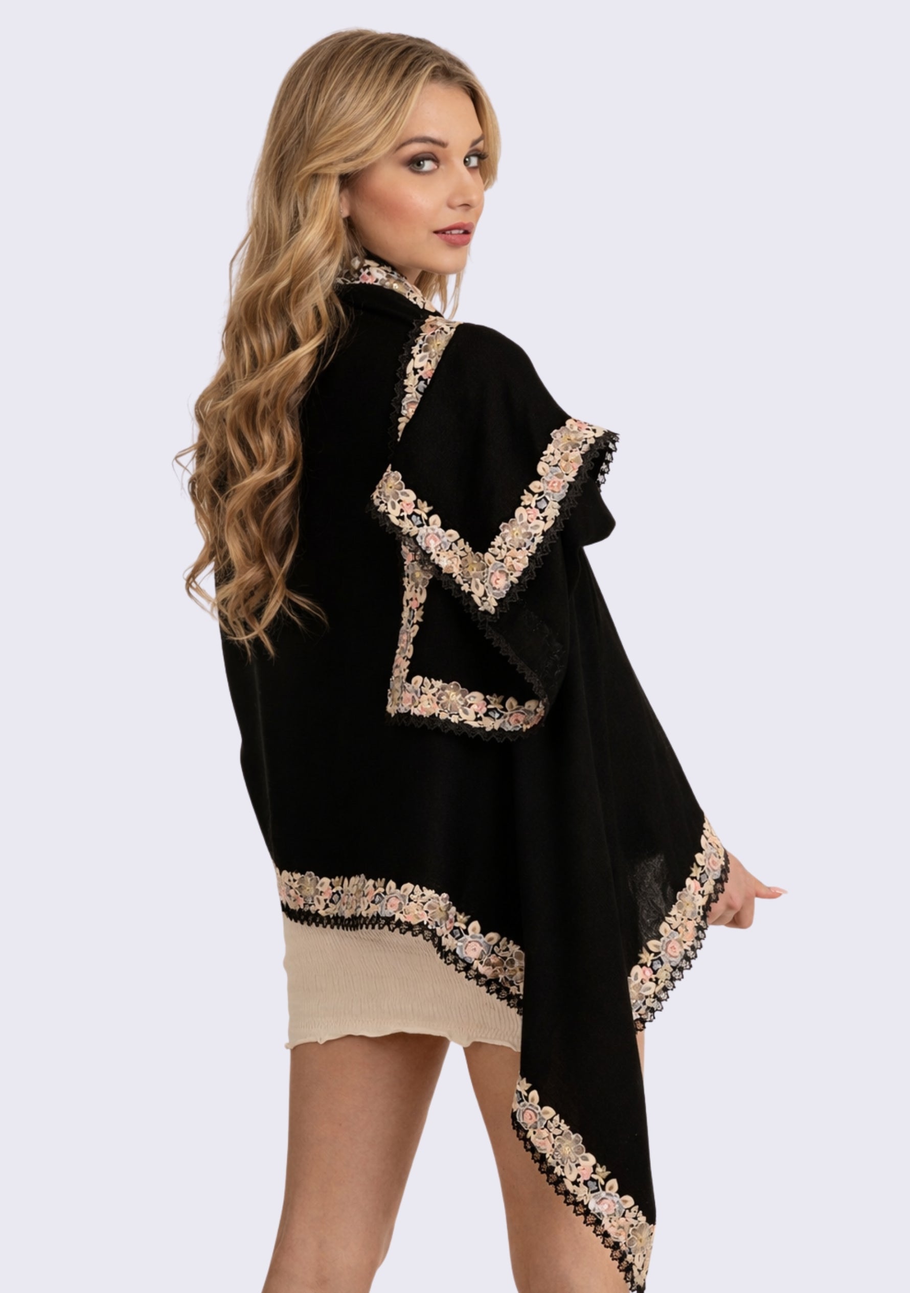 Black Wool & Silk Scarf 
Multi-colored Embroidery & Black Lace